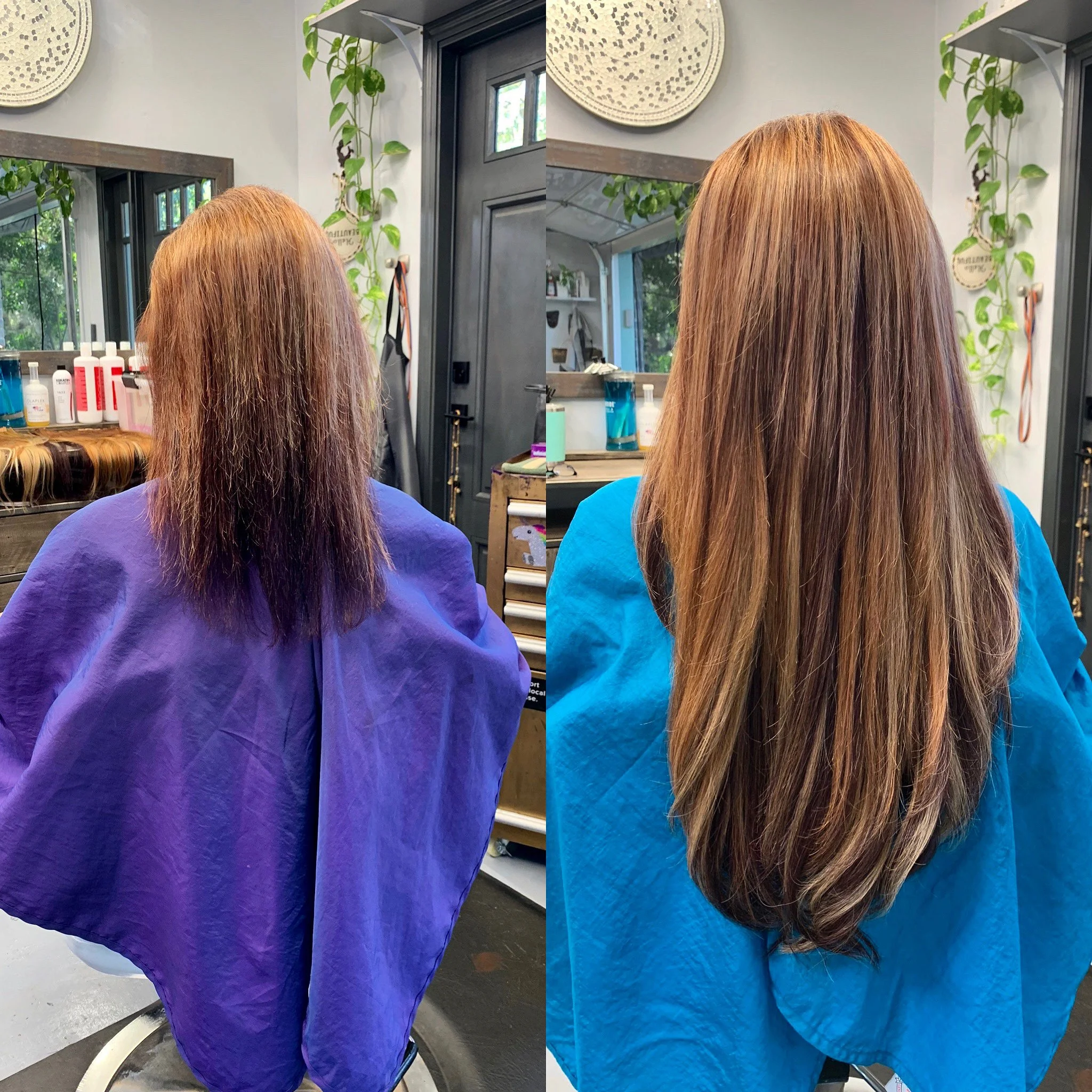 Before and after hair transformation featuring extensions in Austin