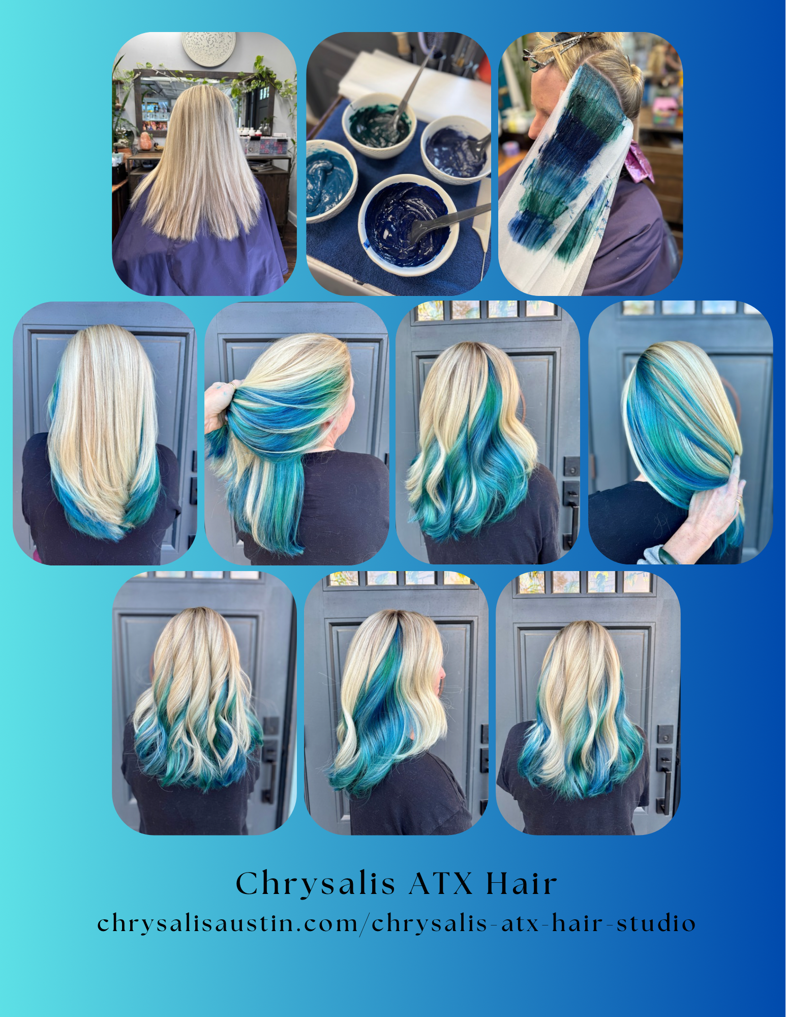 Iridescent hair color transformation with prismatic teal and blue tones