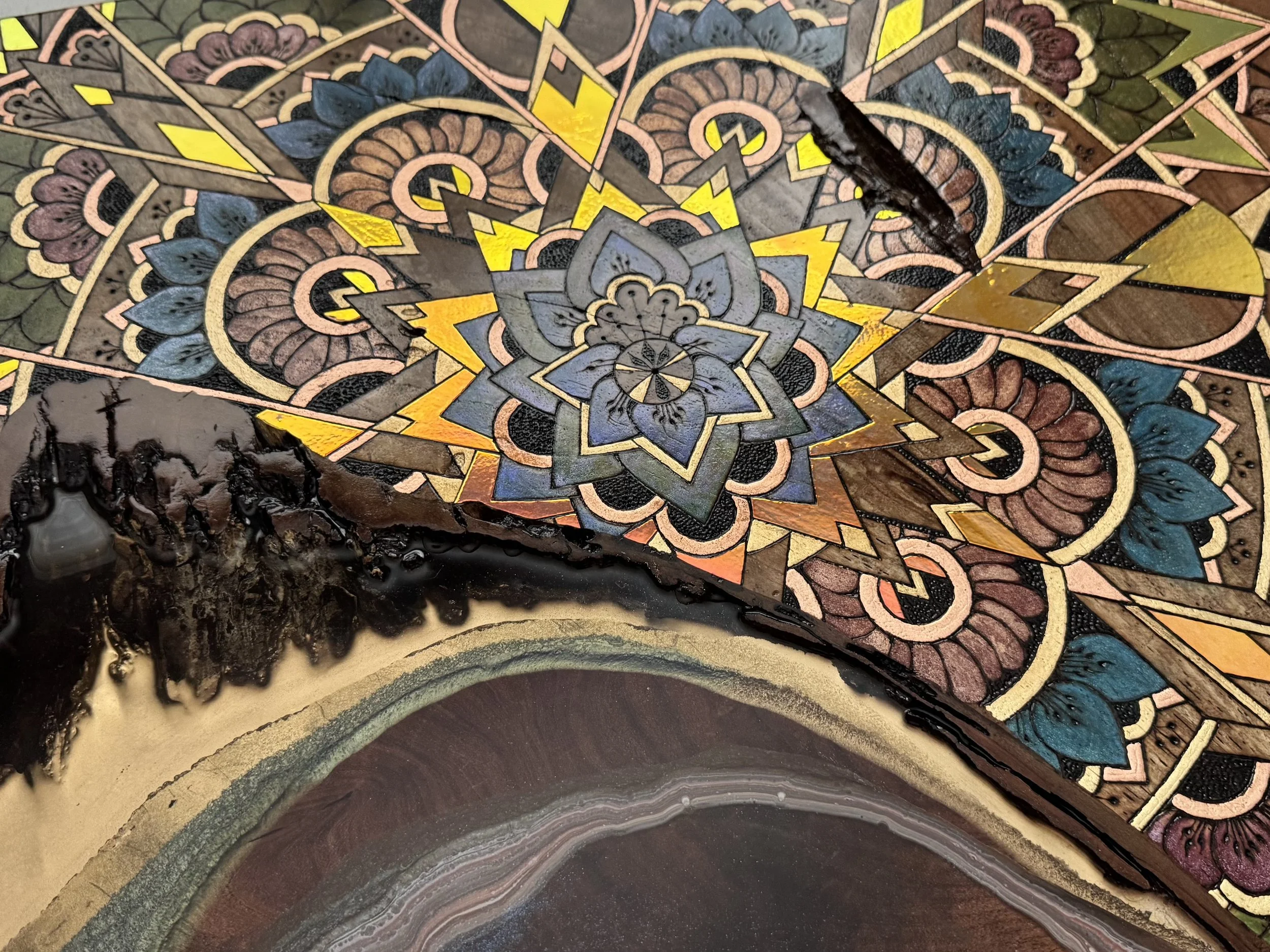 Austin wall art piece with natural edges, layered texture, and glowing resin. Crafted for soulful modern decor.