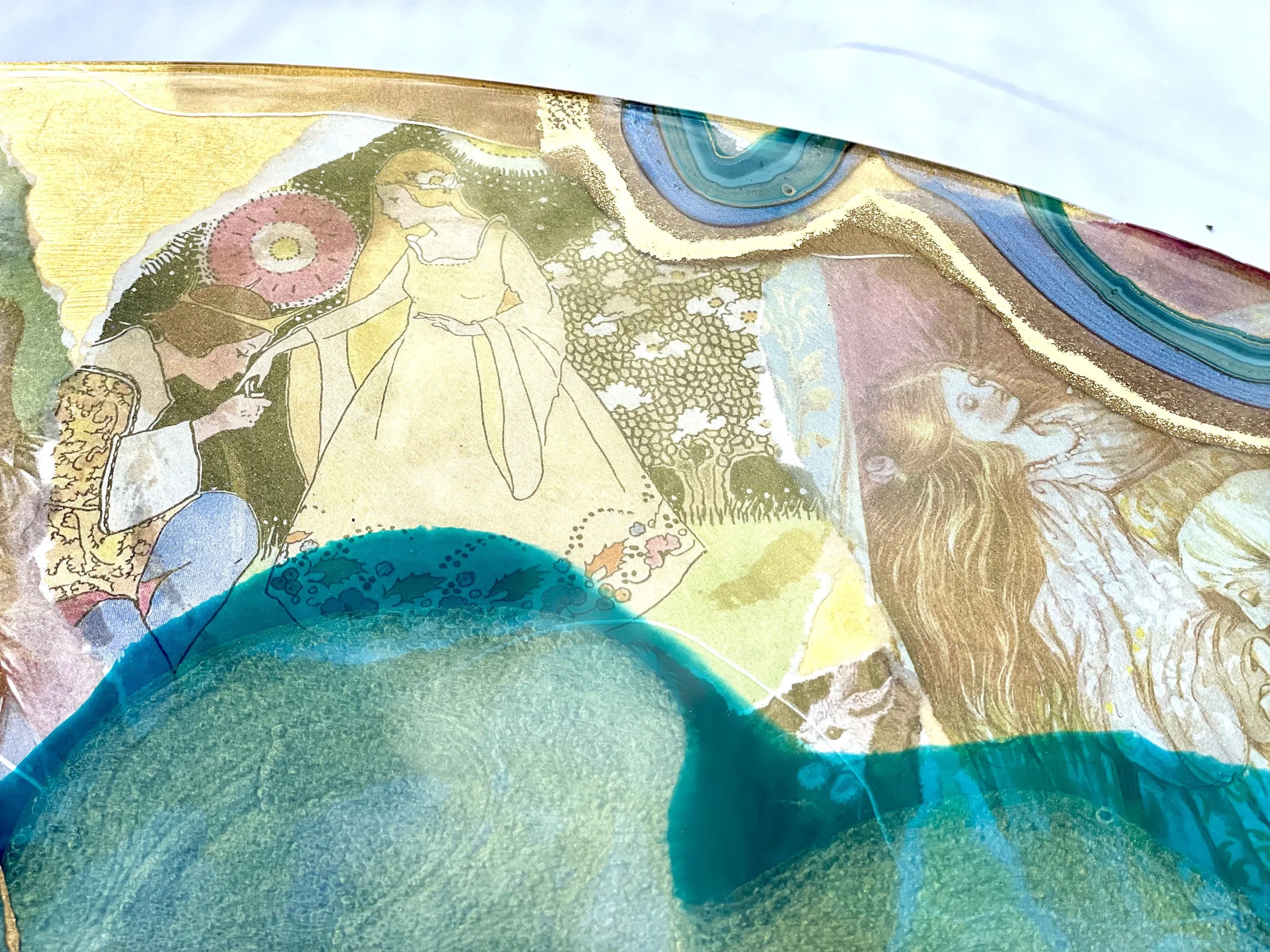 Crystal infused wall art with gold leaf, pigment, and glass resin