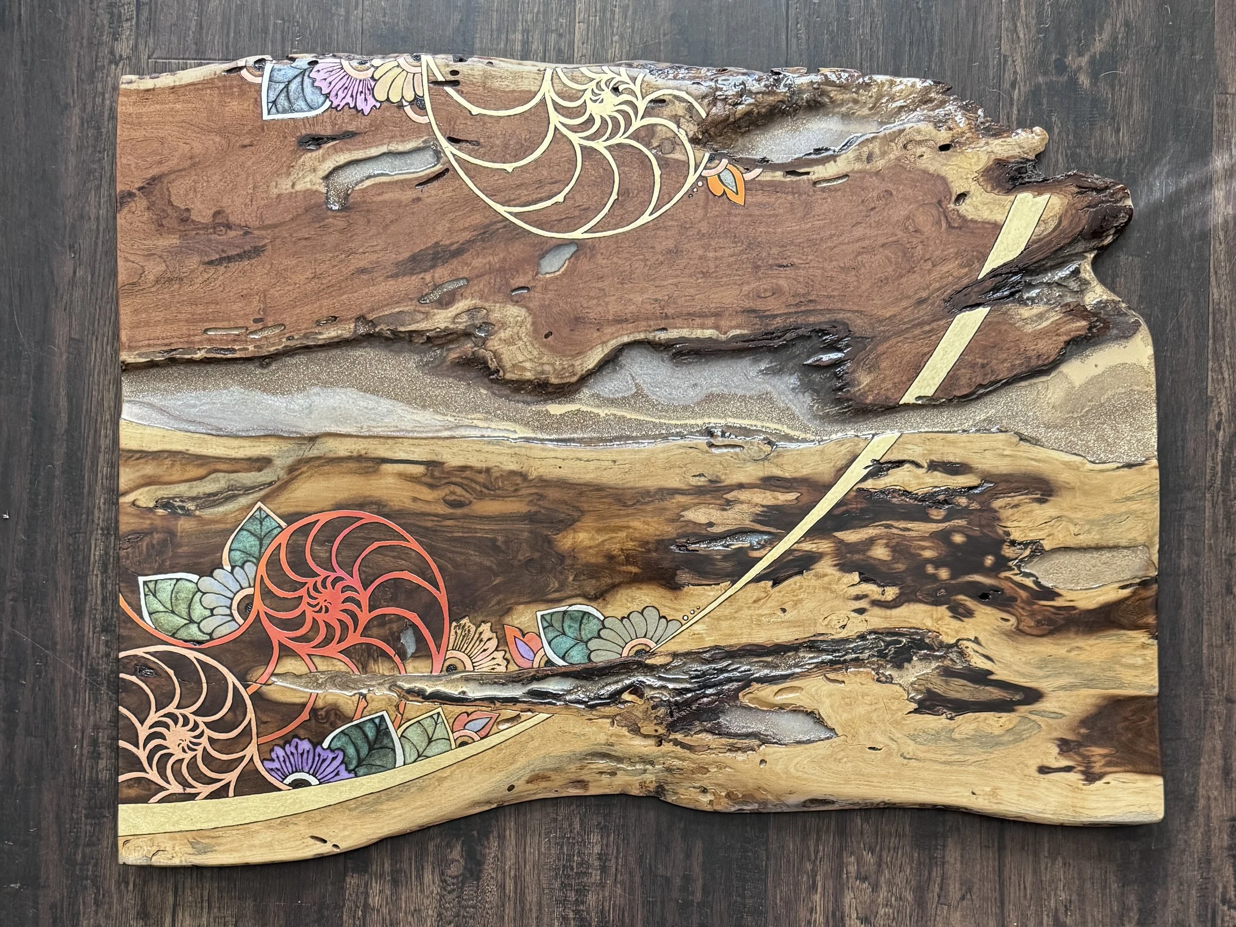 Full view of What the Fire Made, an original light-responsive mixed media wood artwork by Austin artist Anne Shackelford.