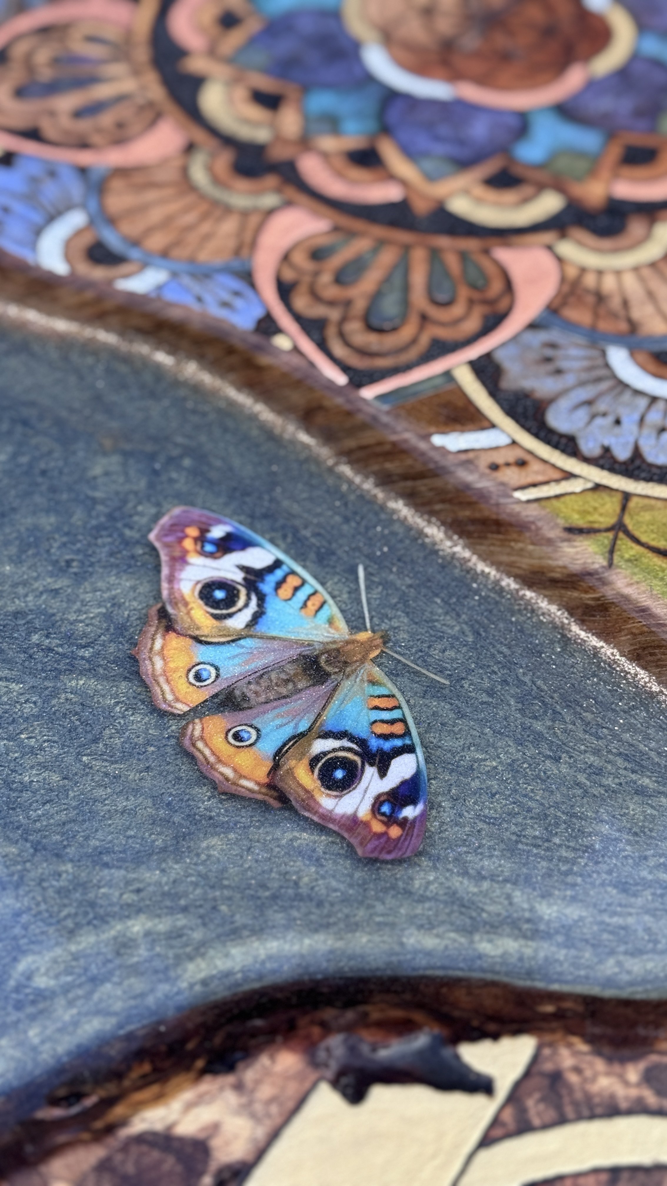 Butterfly detail within Alchemy of Becoming by Anne Shackelford, surrounded by layered geometric elements.
