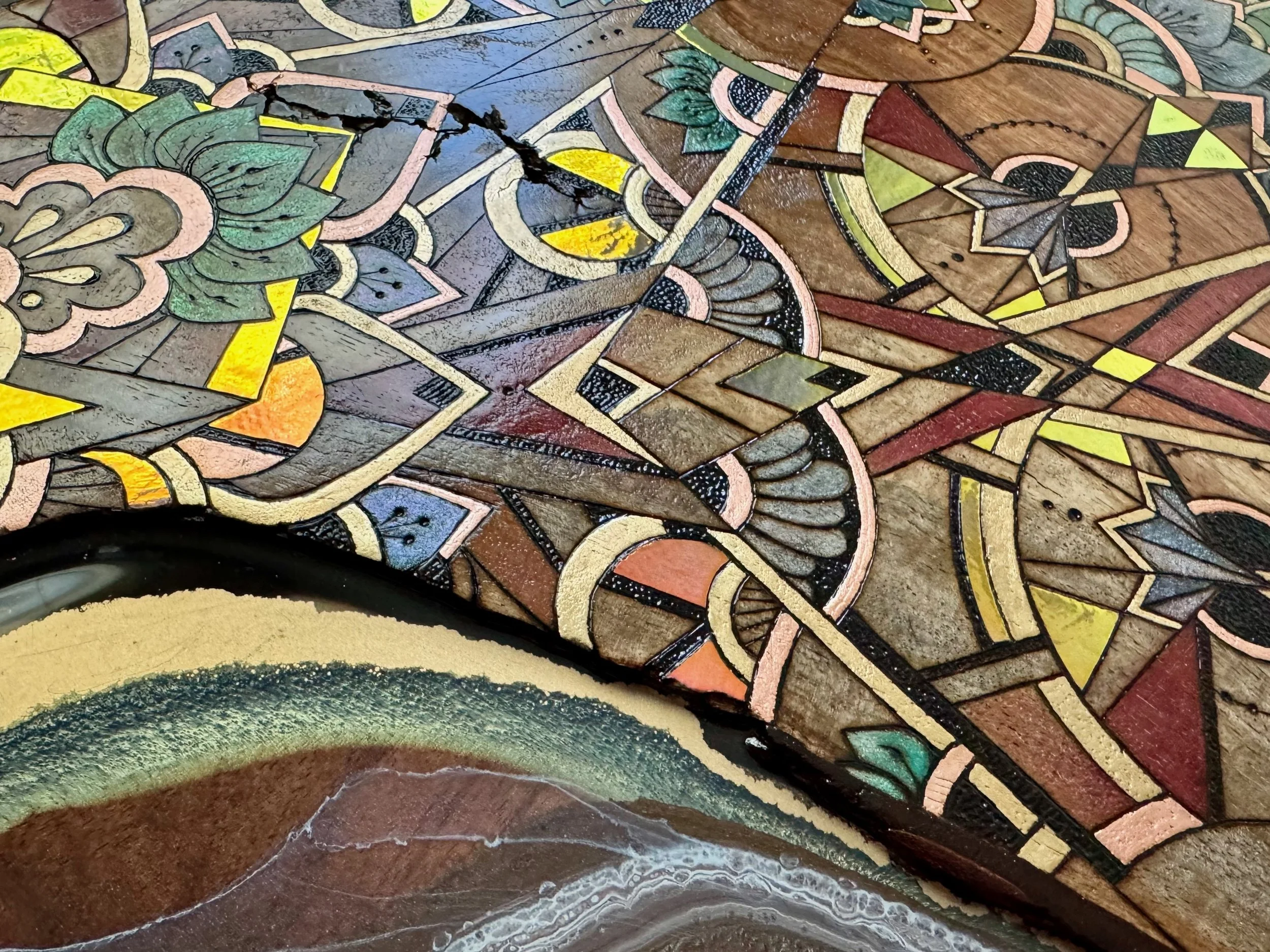 Mesquite and walnut joinery with bold sacred patterns and vibrant color, handmade in Austin.