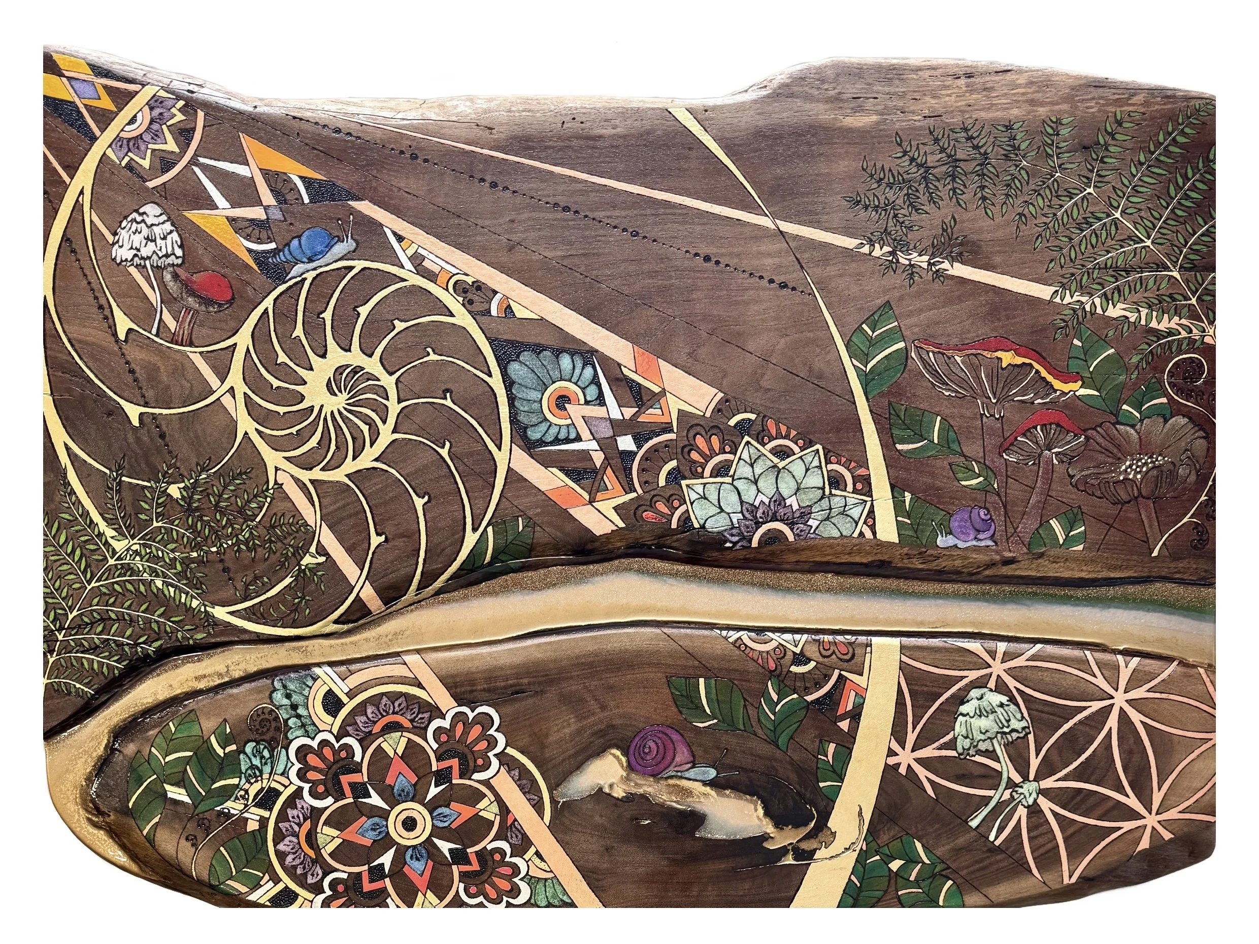 Mycelial Reverie mesquite wood and resin wall art with mushrooms and sacred geometry