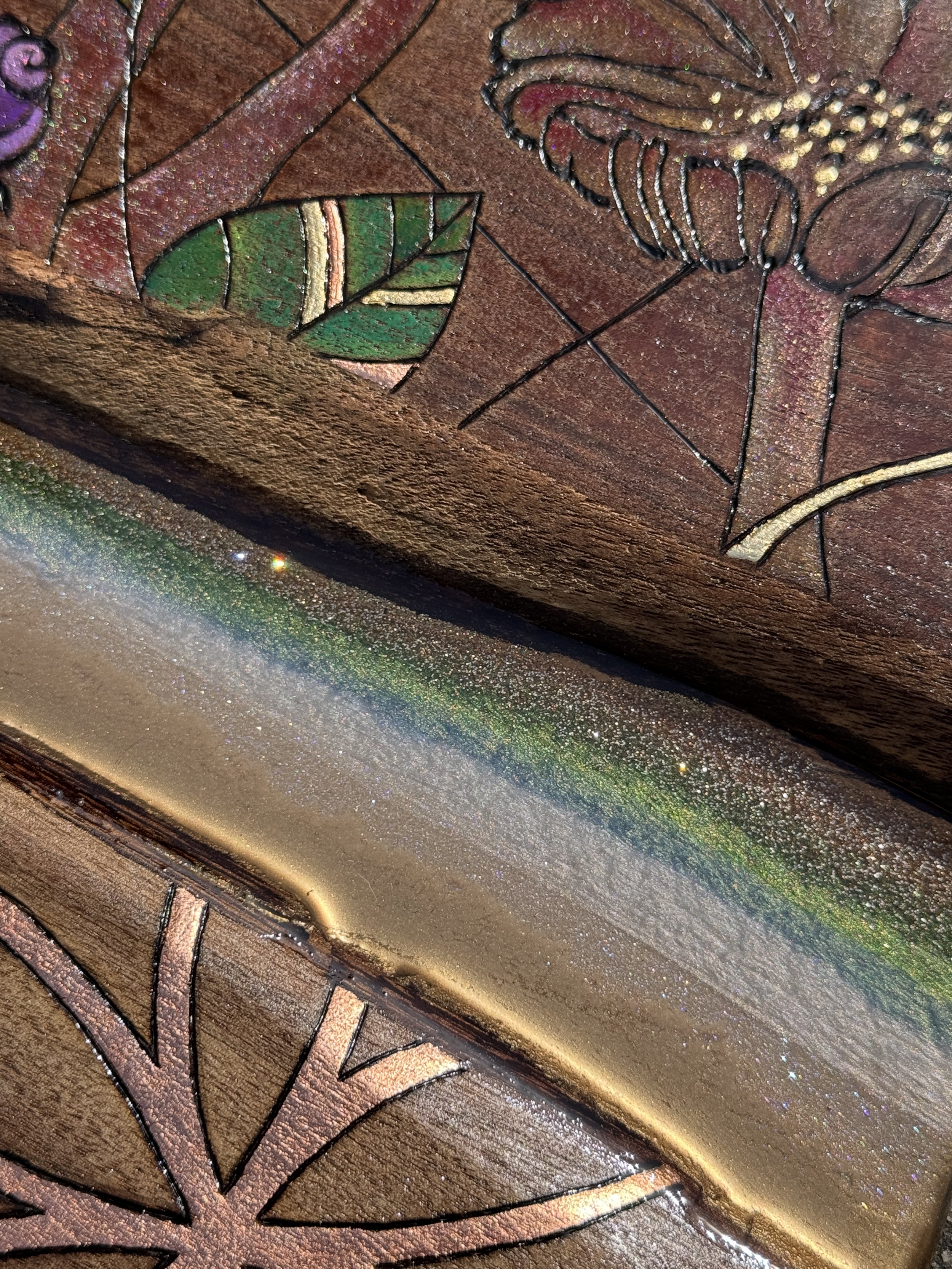 Handmade Texas mesquite wall art with detailed pyrography and resin elements