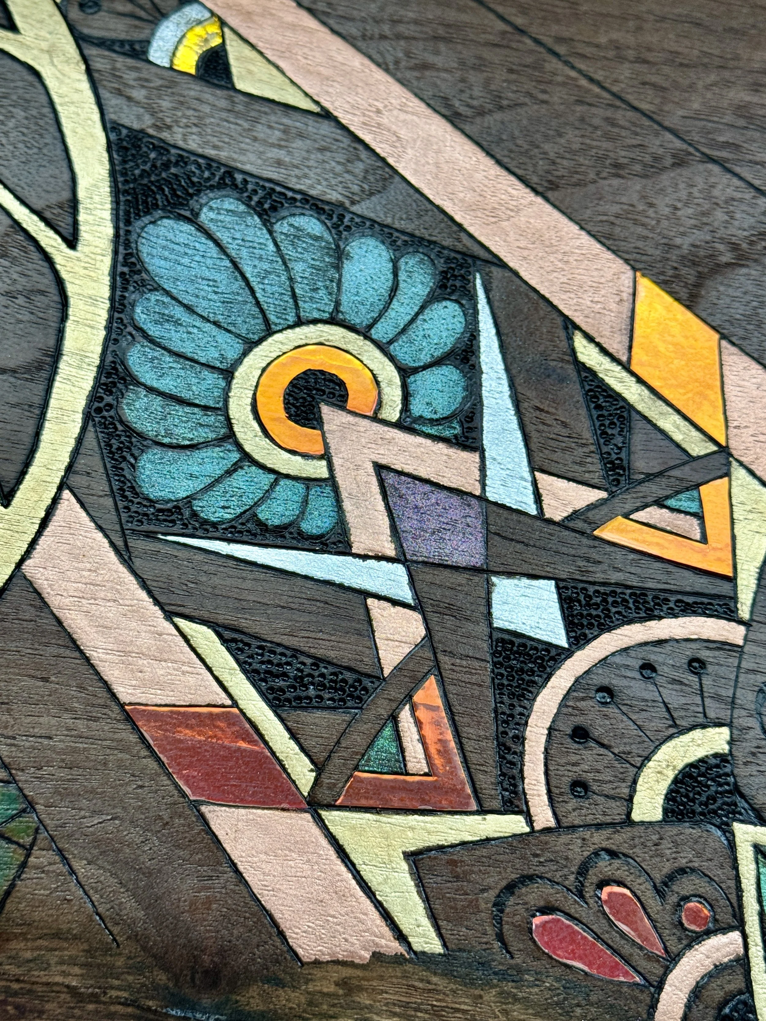 Sacred geometry mandala artwork burned into mesquite wood with resin inlay