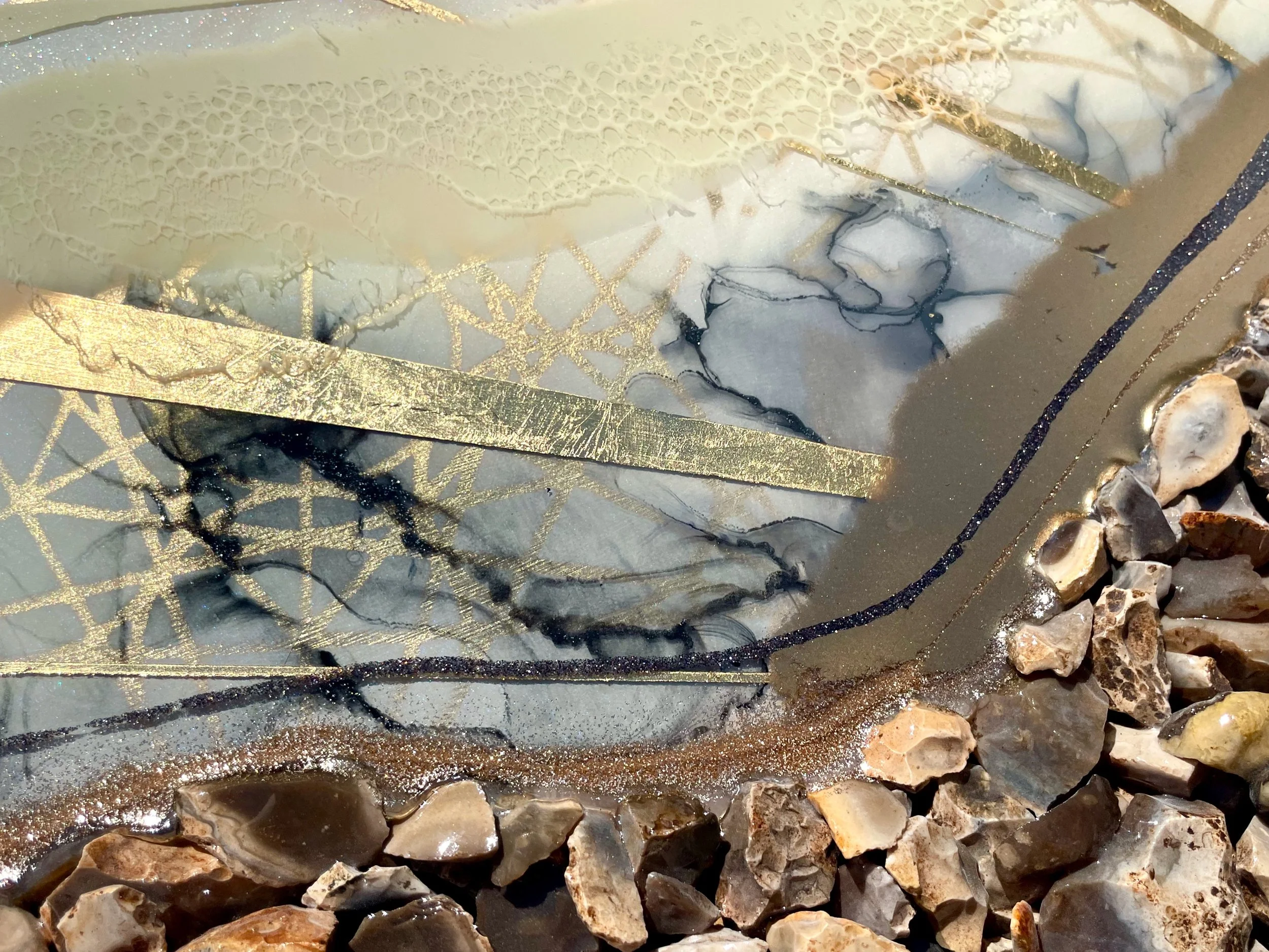 Original wall art by Anne Shackelford blending Texas Hill Country elements with luminous resin.