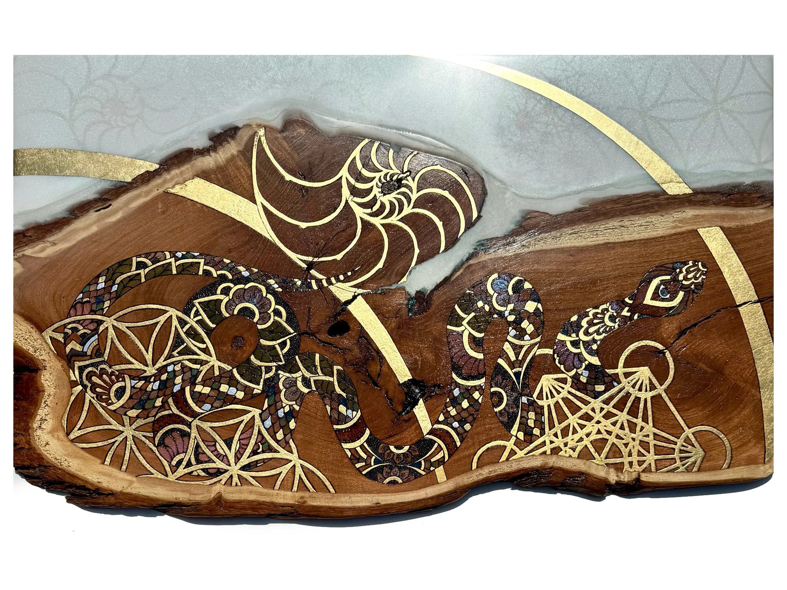 2025 Wood Snake–inspired artwork symbolizing healing and transformation, featuring sacred geometry, infused sound, and mixed media on Texas mesquite wood