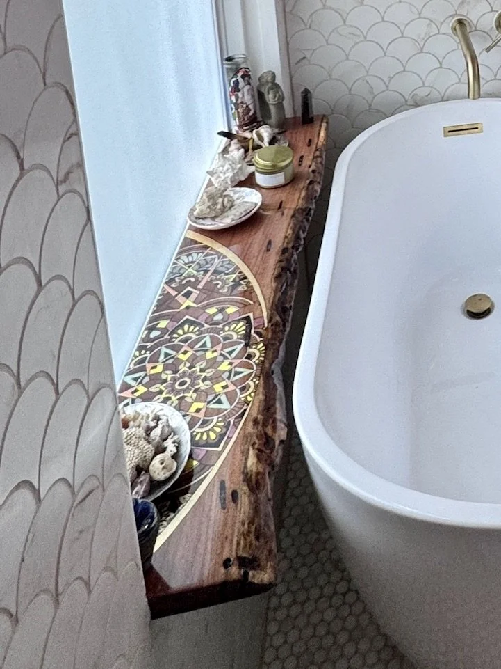 Texas mesquite wood shelf with wood burning and polished resin