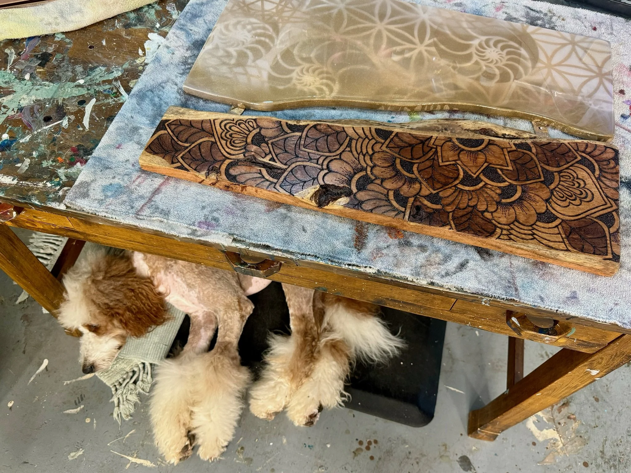 Firelight Collection wall art featuring river rocks embedded in resin on mesquite