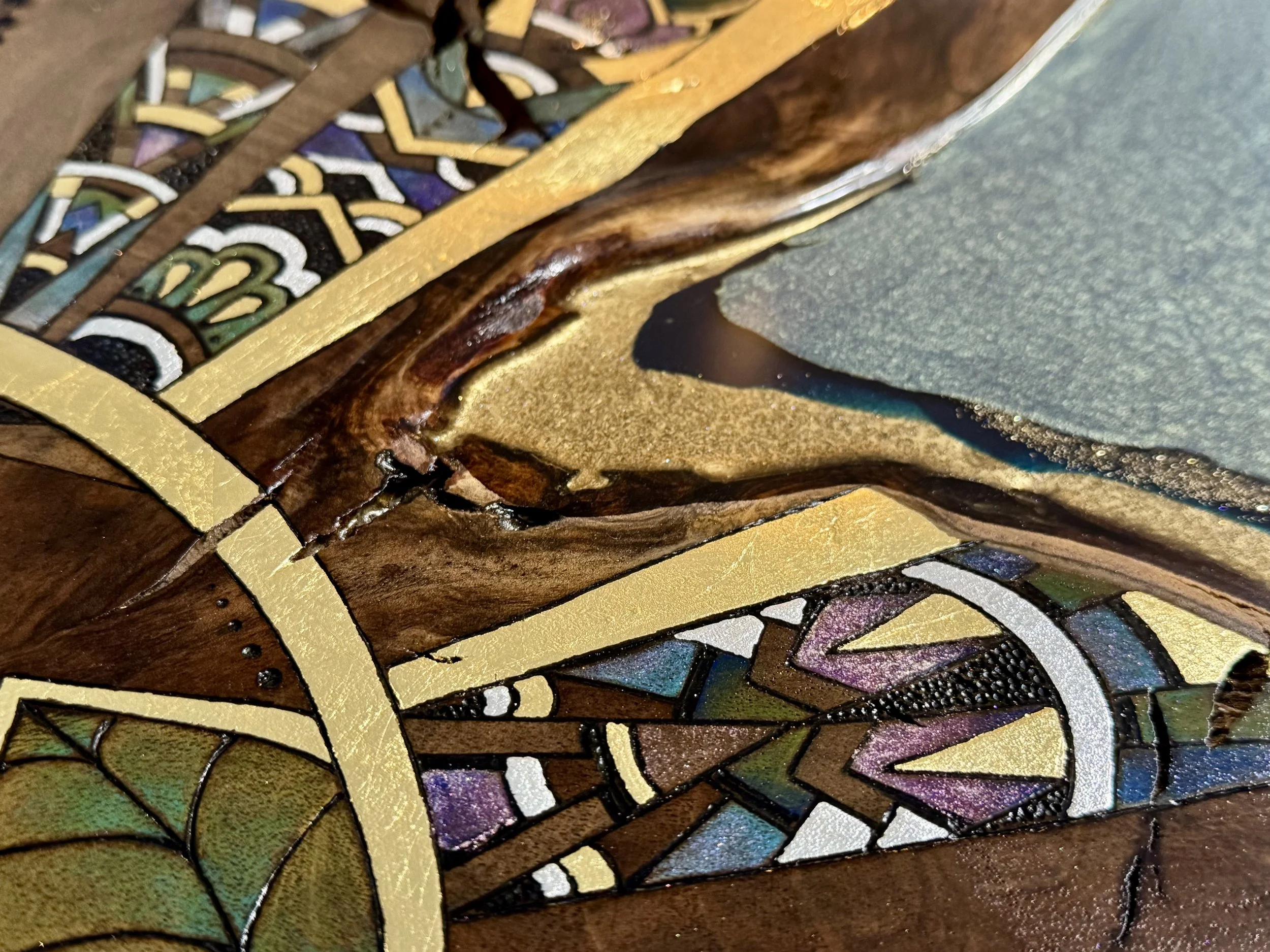 Walnut wall art with smooth resin and subtle shimmer