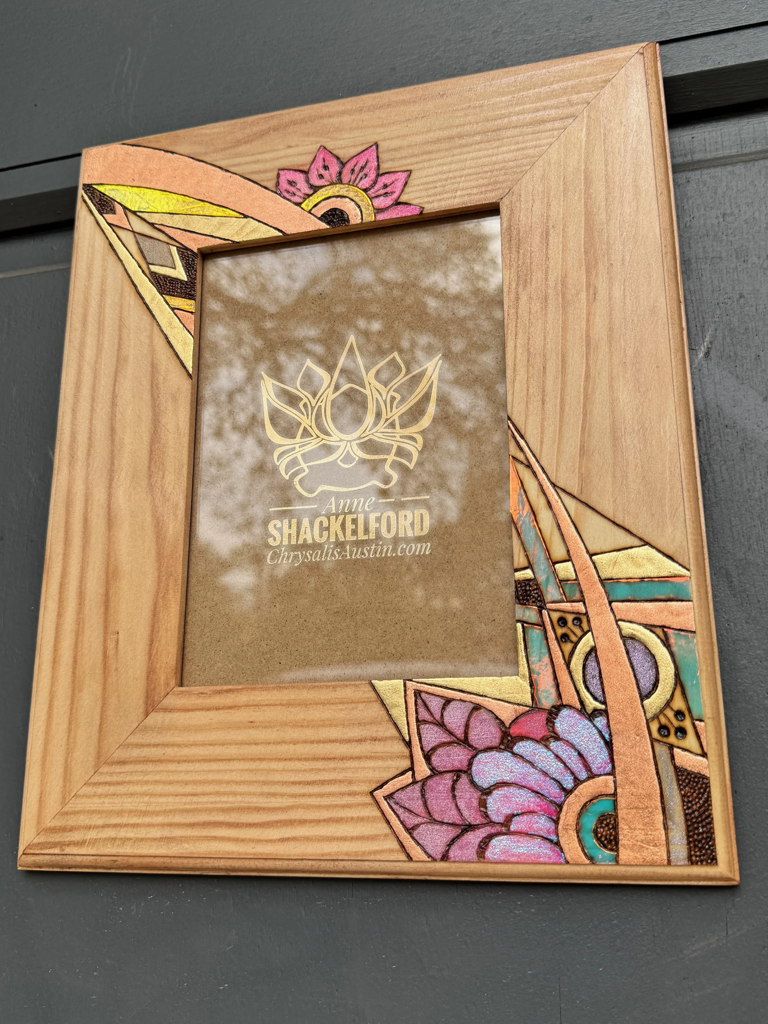 Handmade Firelight Frame by Austin artist Anne Shackelford.