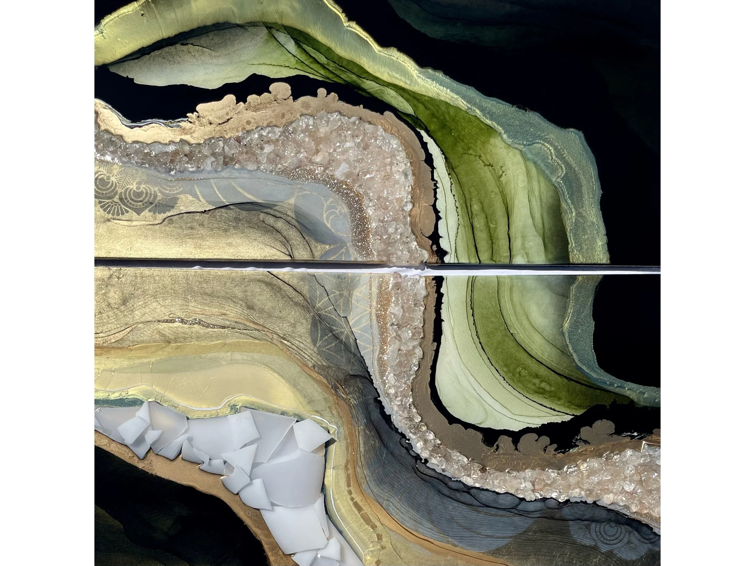 Nadam diptych wall art by Austin Texas artist Anne Shackelford created with resin and crystal glass