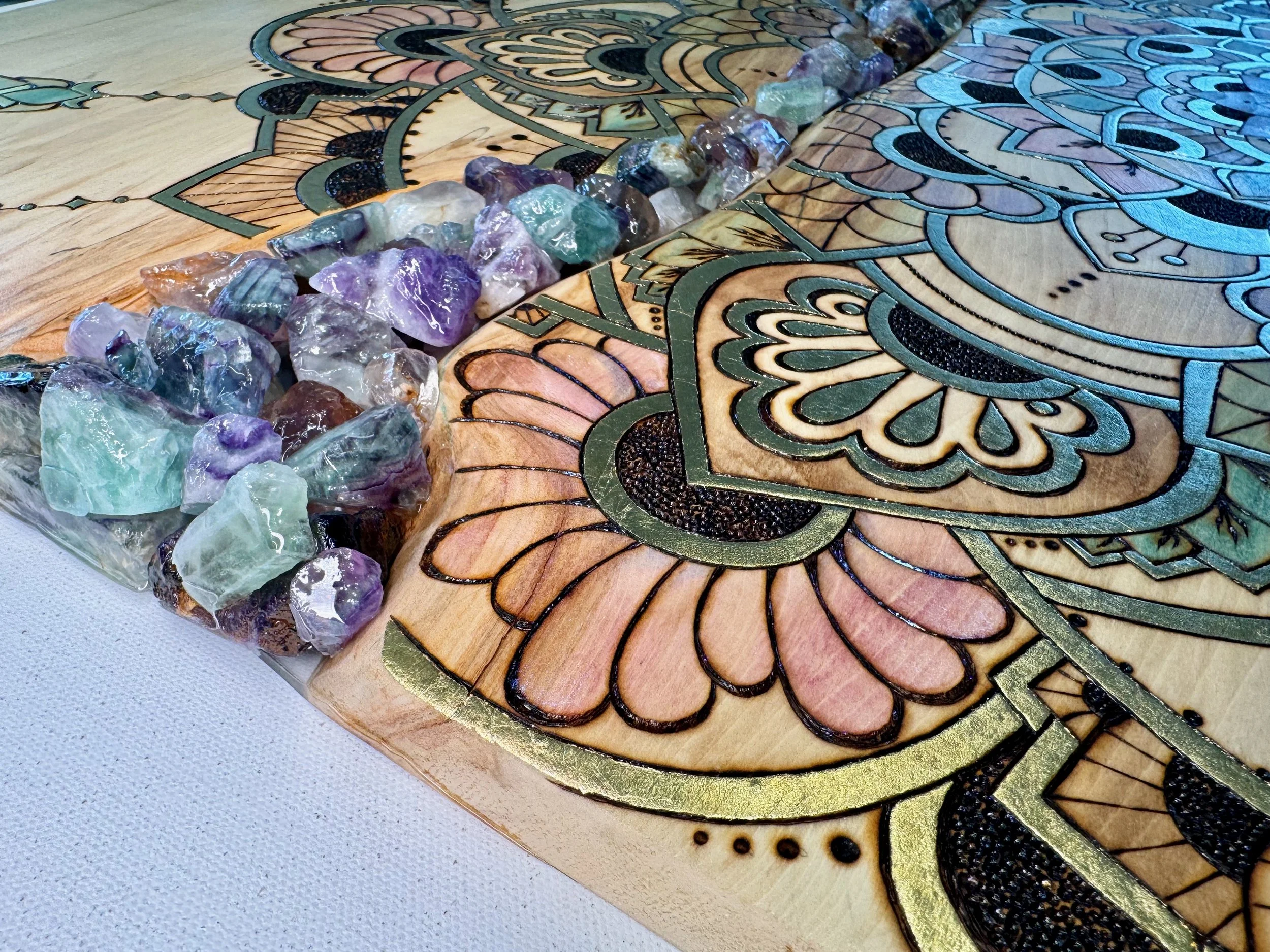 Parivrtta pyrography artwork on aspen, gold leaf accents and luminous texture by Austin artist Anne Shackelford.