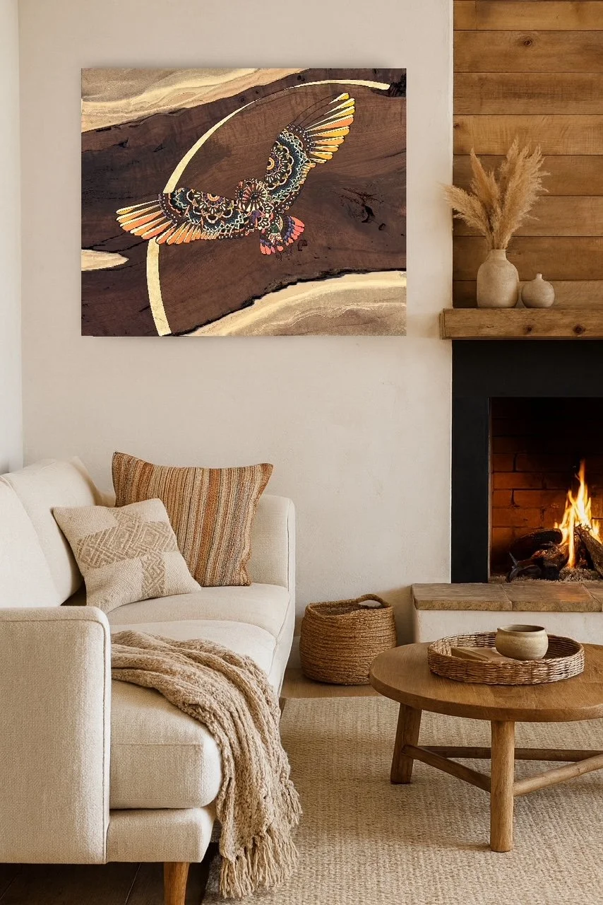 Emberwing from the Firelight Collection, resin and mesquite wall art symbolizing transformation.