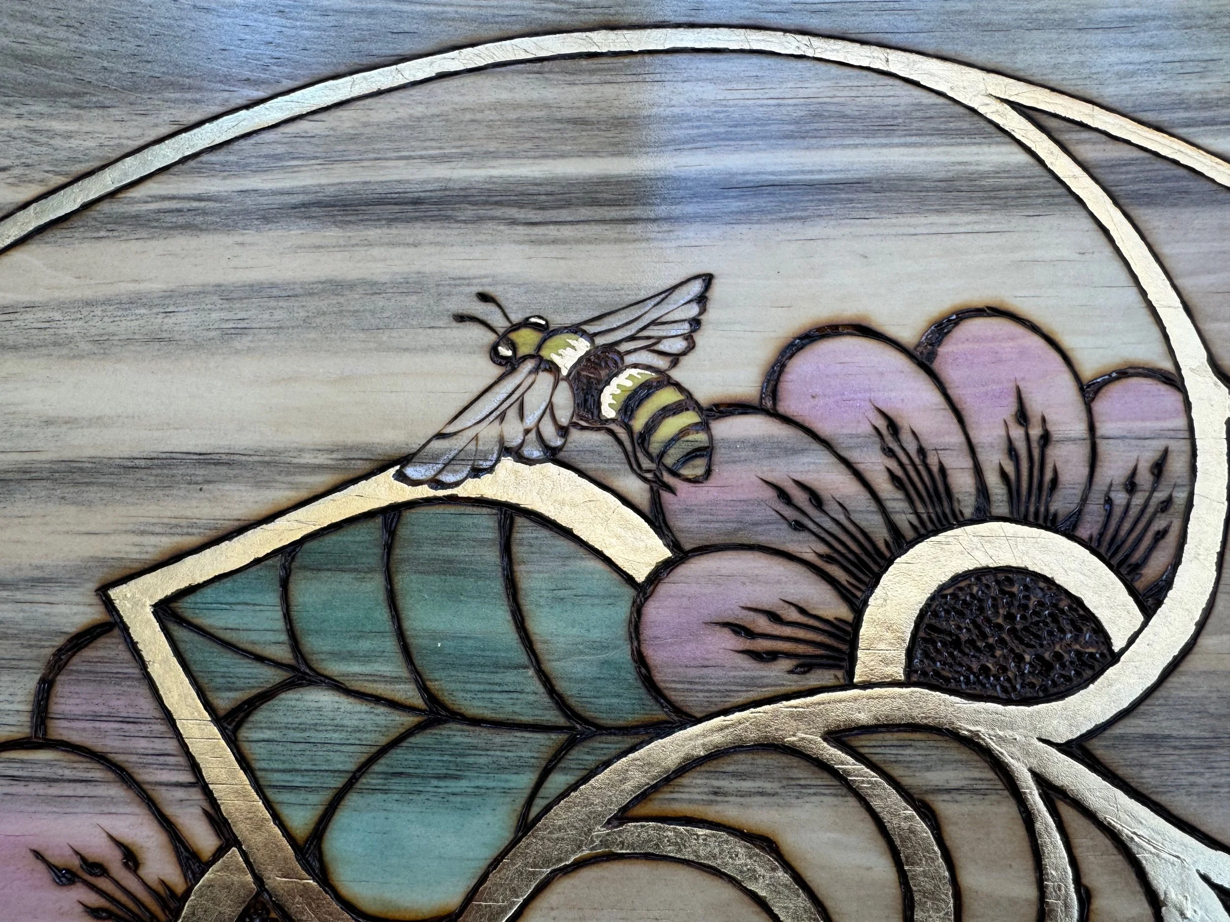 Beloved wall art by Anne Shackelford, mixed media aspen wood with resin, flowers, and gilded detail.