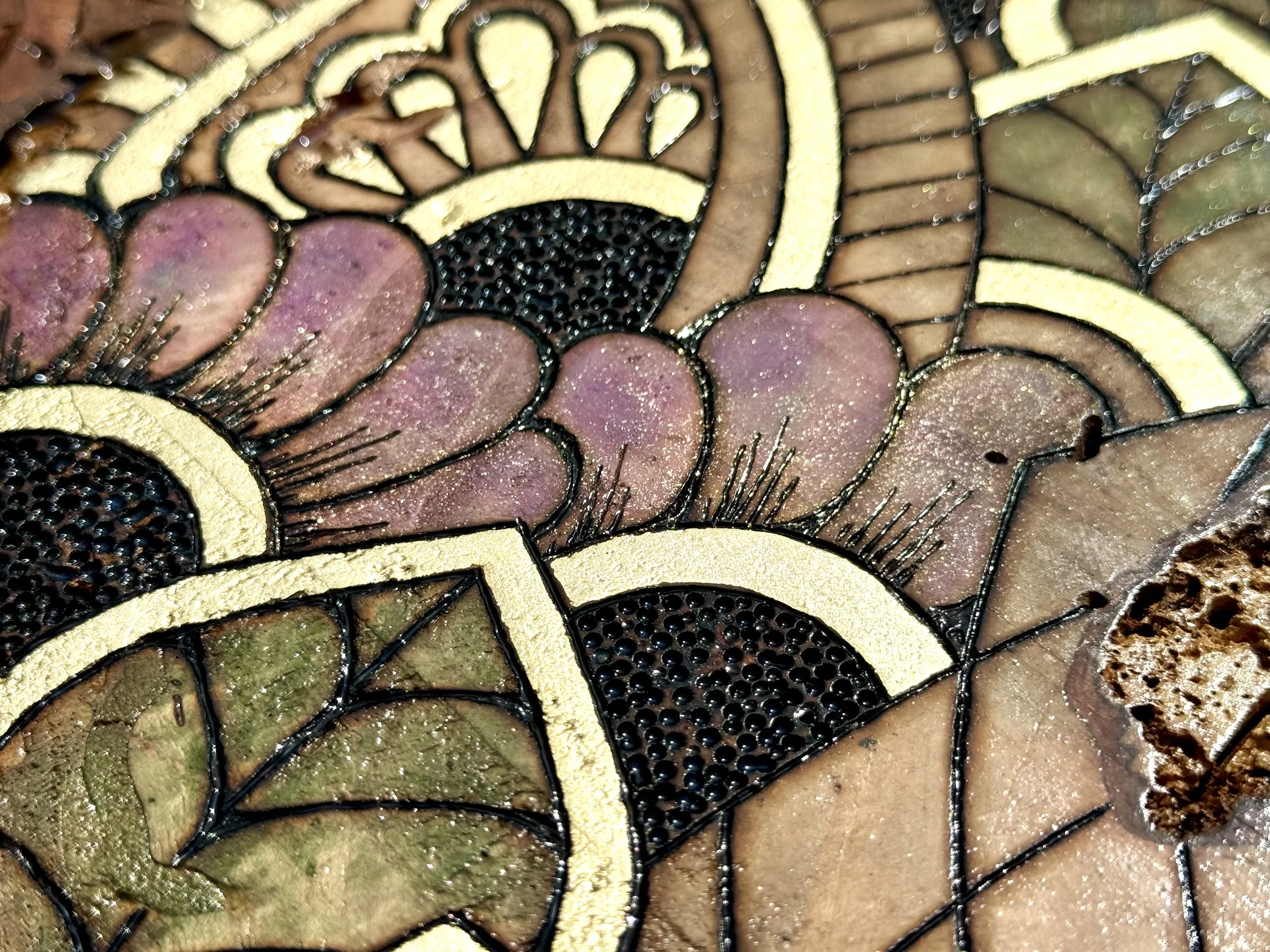 Mixed media wall art crafted on pecan wood