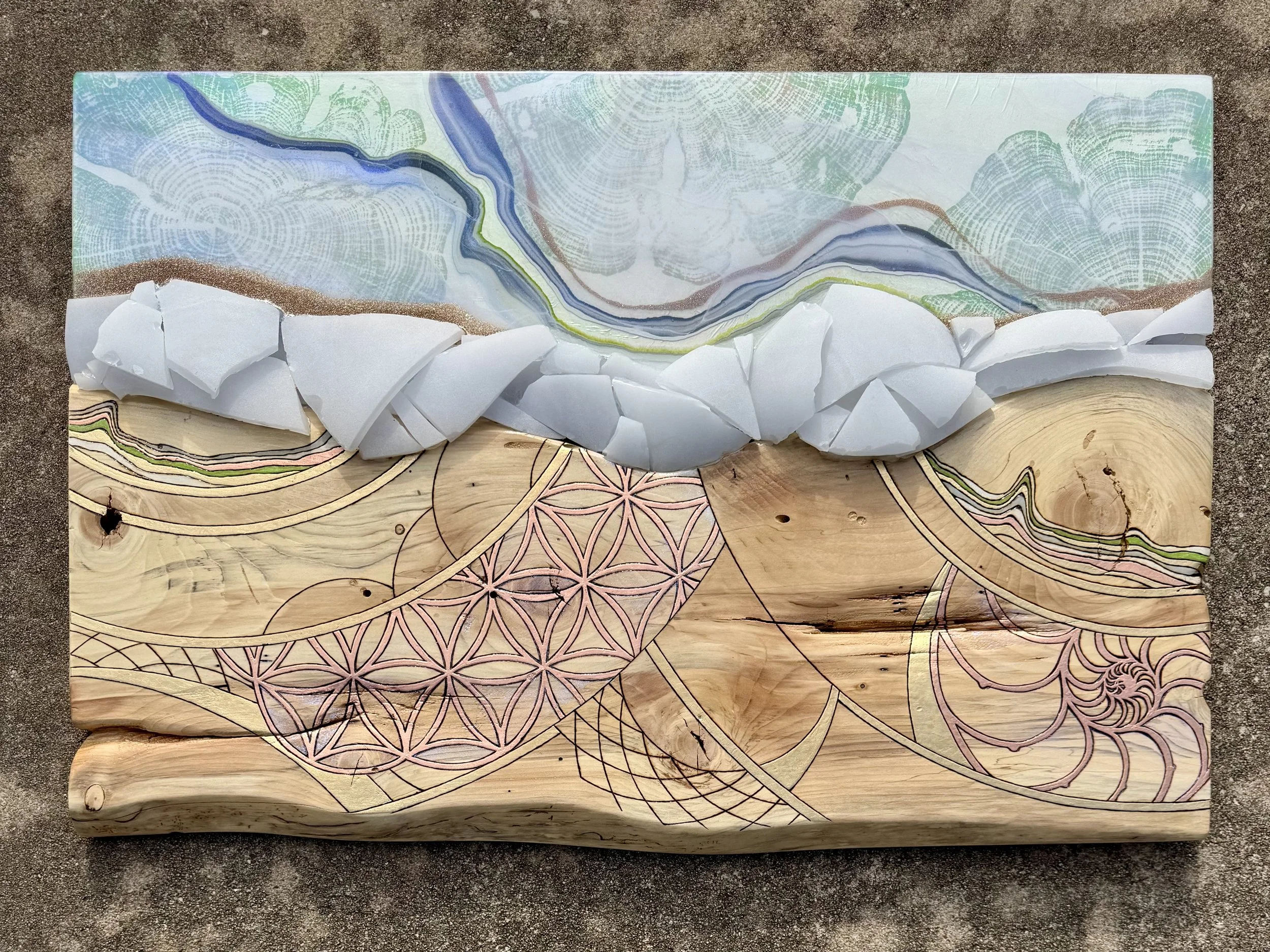 Handcrafted wall art panel with mixed media surface