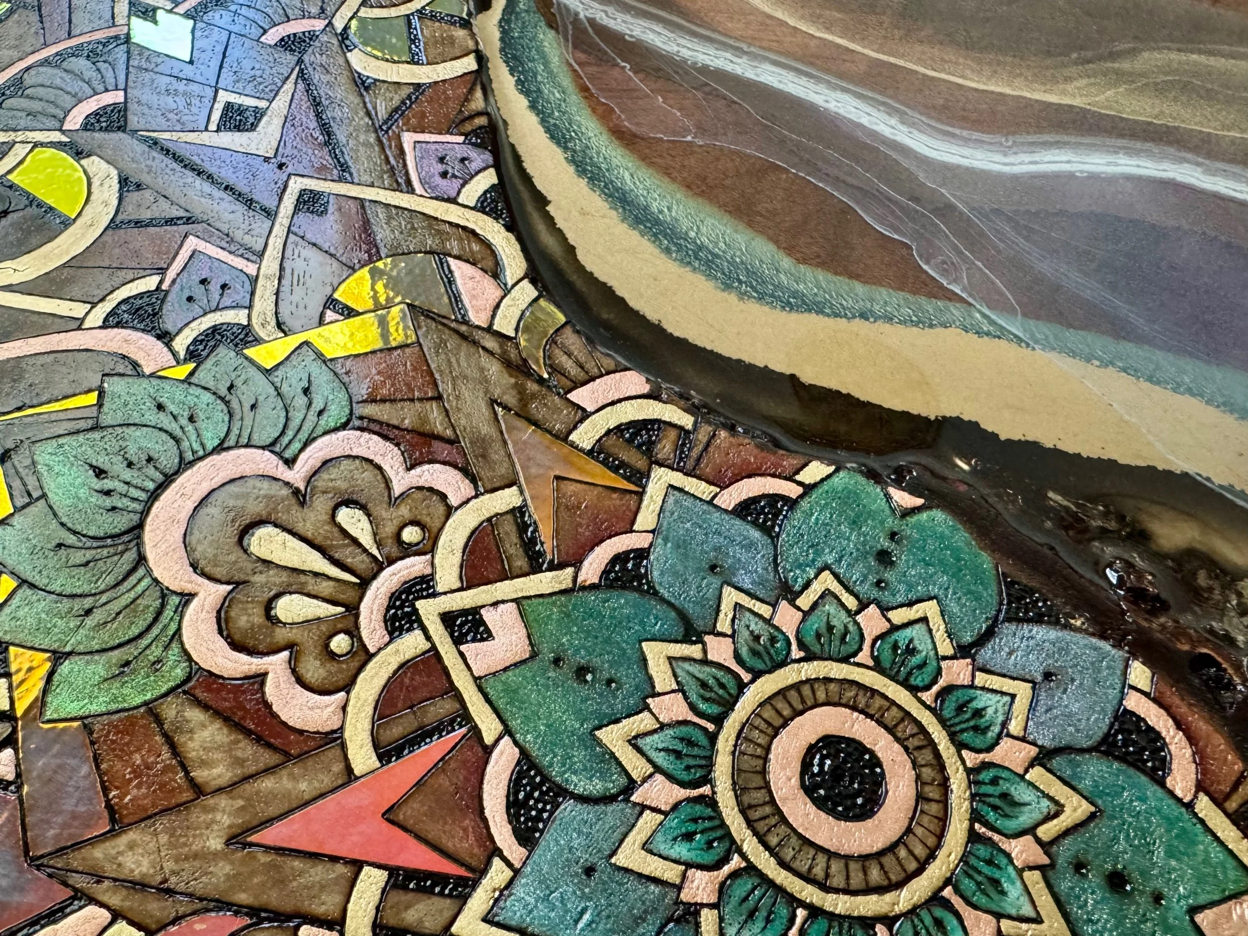 Geometric pyrography with layered color and intricate texture, wood and resin artwork from Texas.