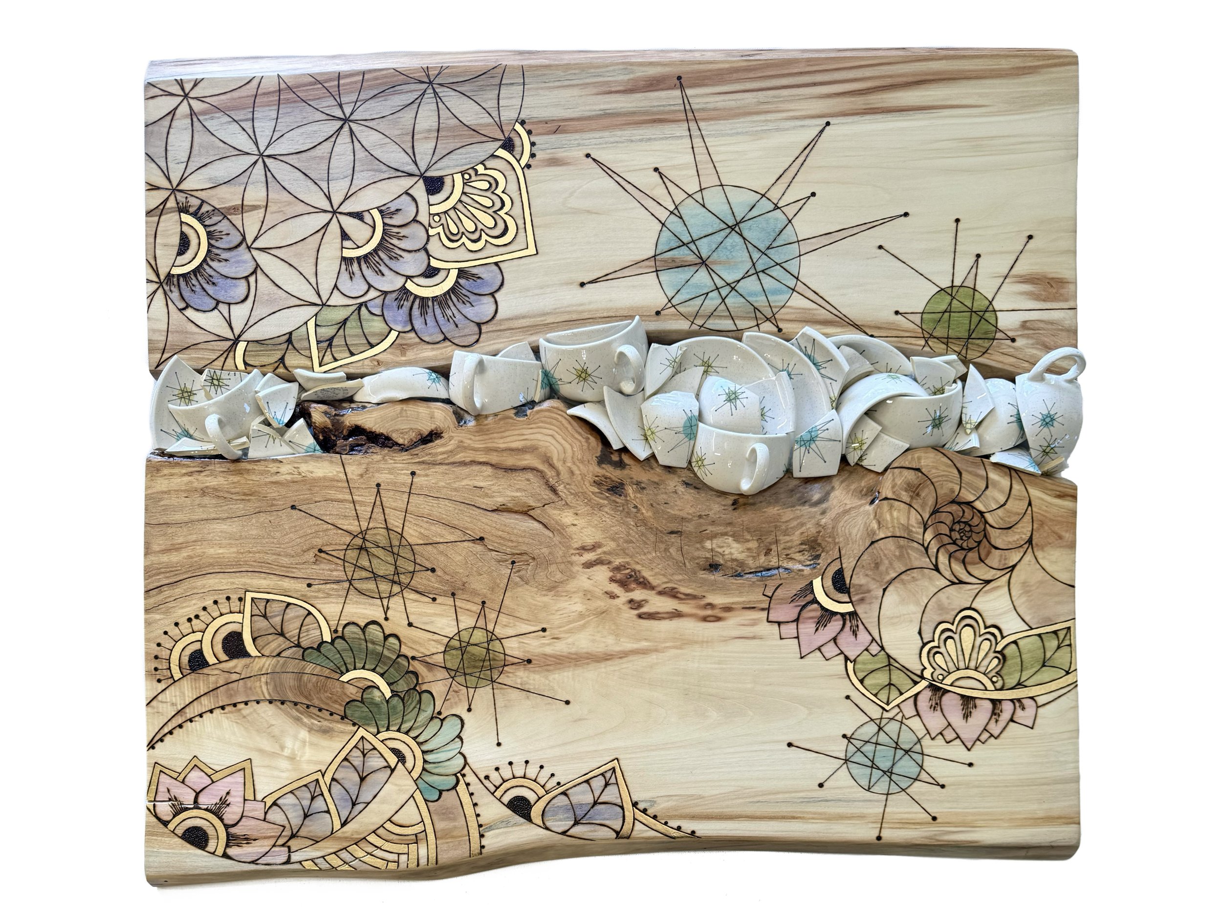 Aspen wall art by Austin Texas artist Anne Shackelford using vintage teacups and saucers