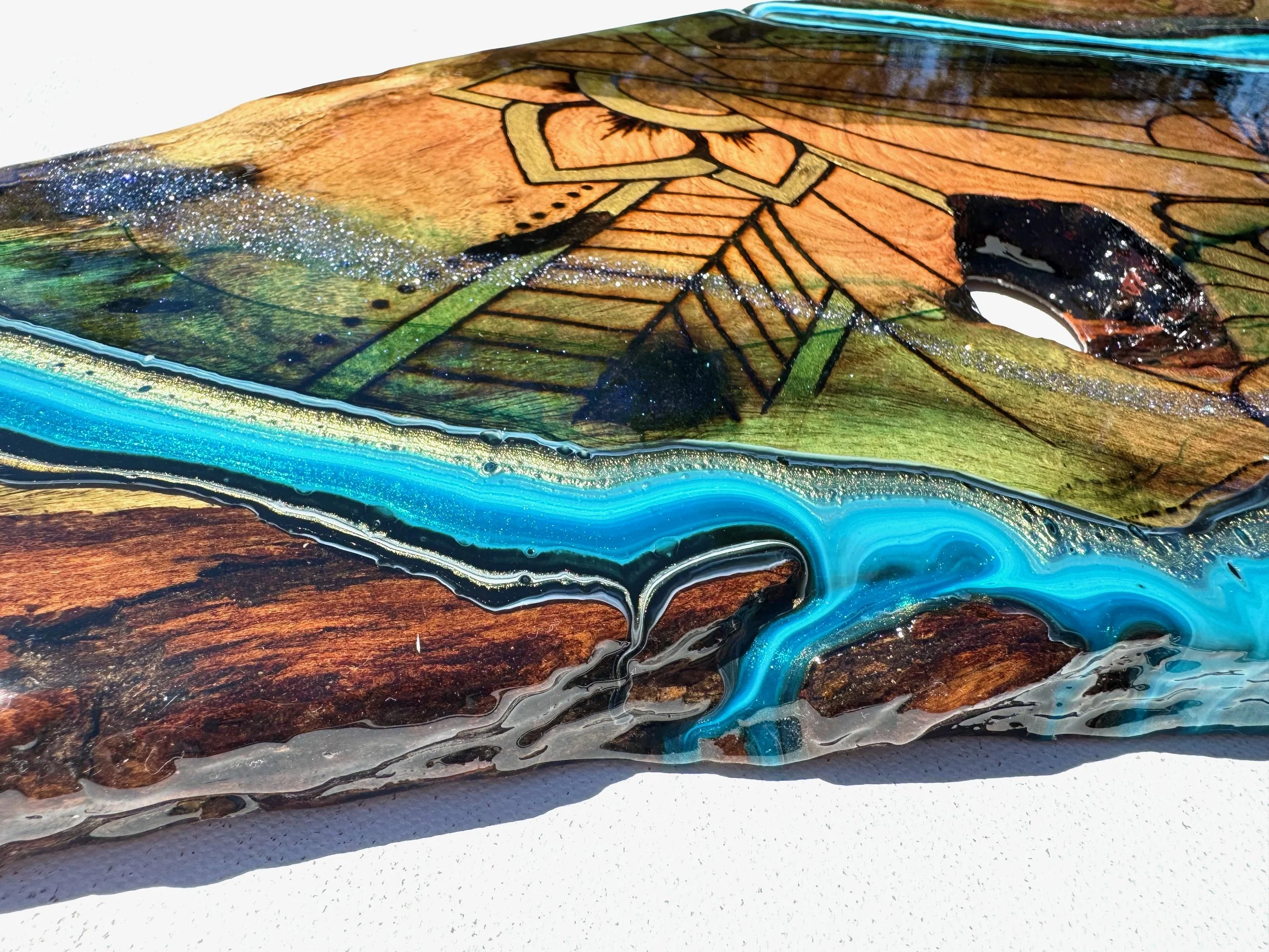 Mesquite charcuterie board Replenish by Austin artist Anne Shackelford, resin layered surface.