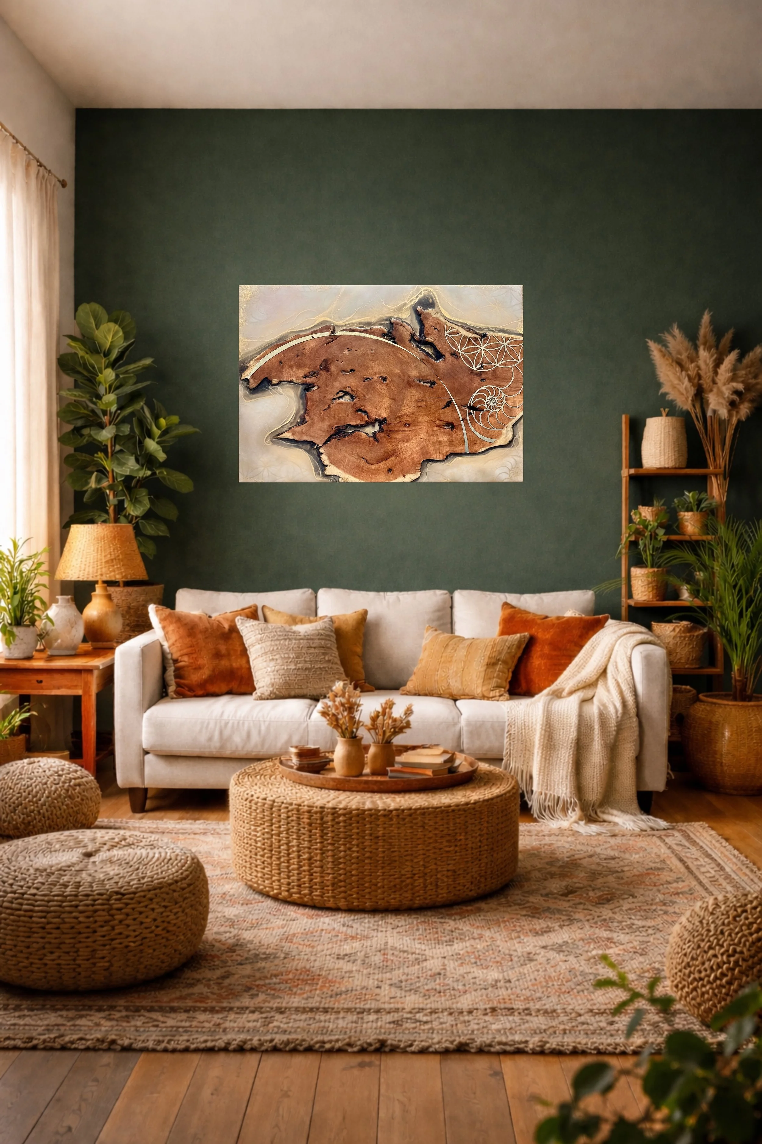 A luminous mixed media wall artwork by Anne Shackelford created from Texas Mesquite, resin, alcohol ink, metal leaf, and pyrography, radiating gold tones and organic flow.