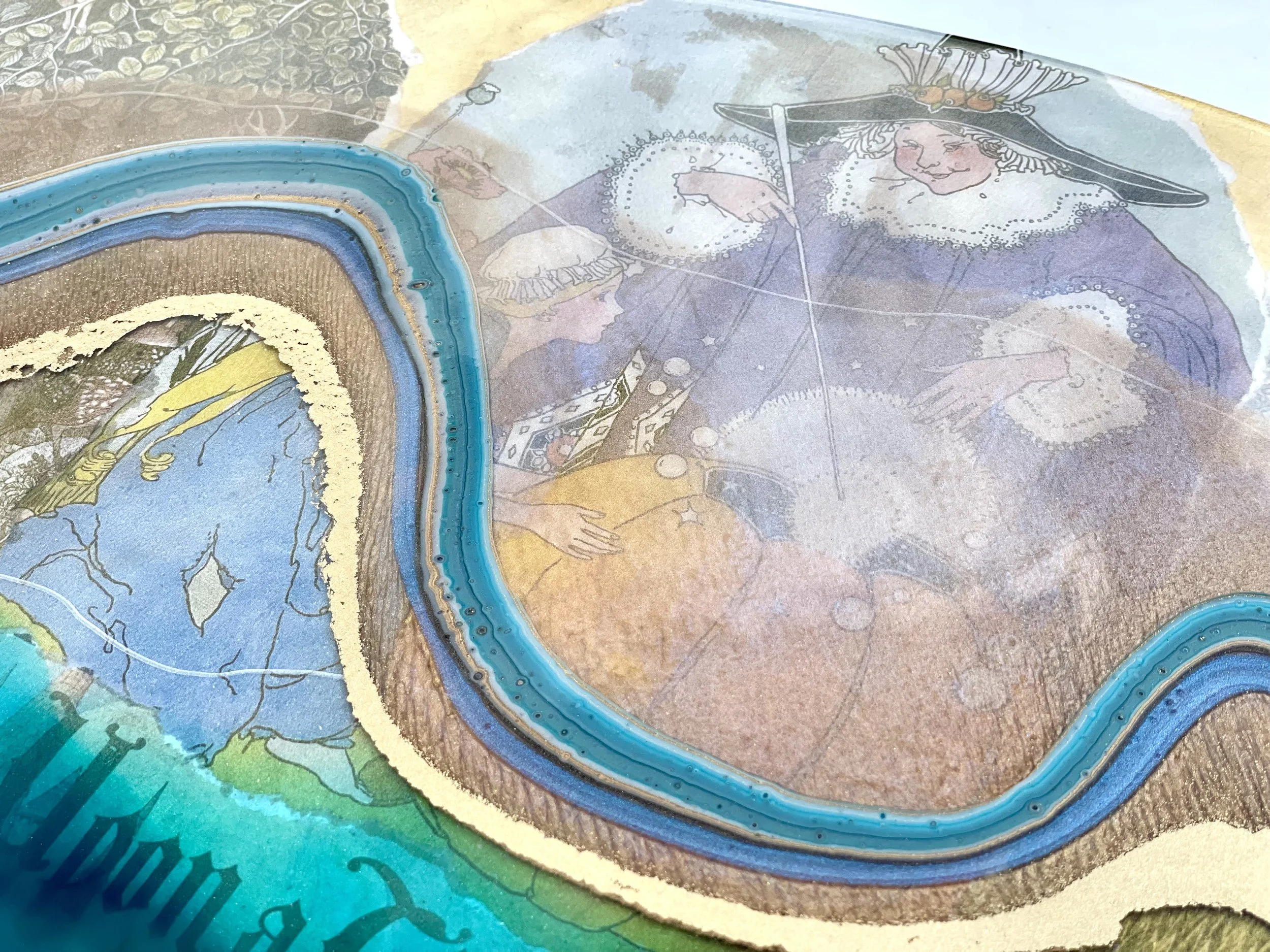 Quartz wall art inspired by childhood books and memory with reflective resin surface