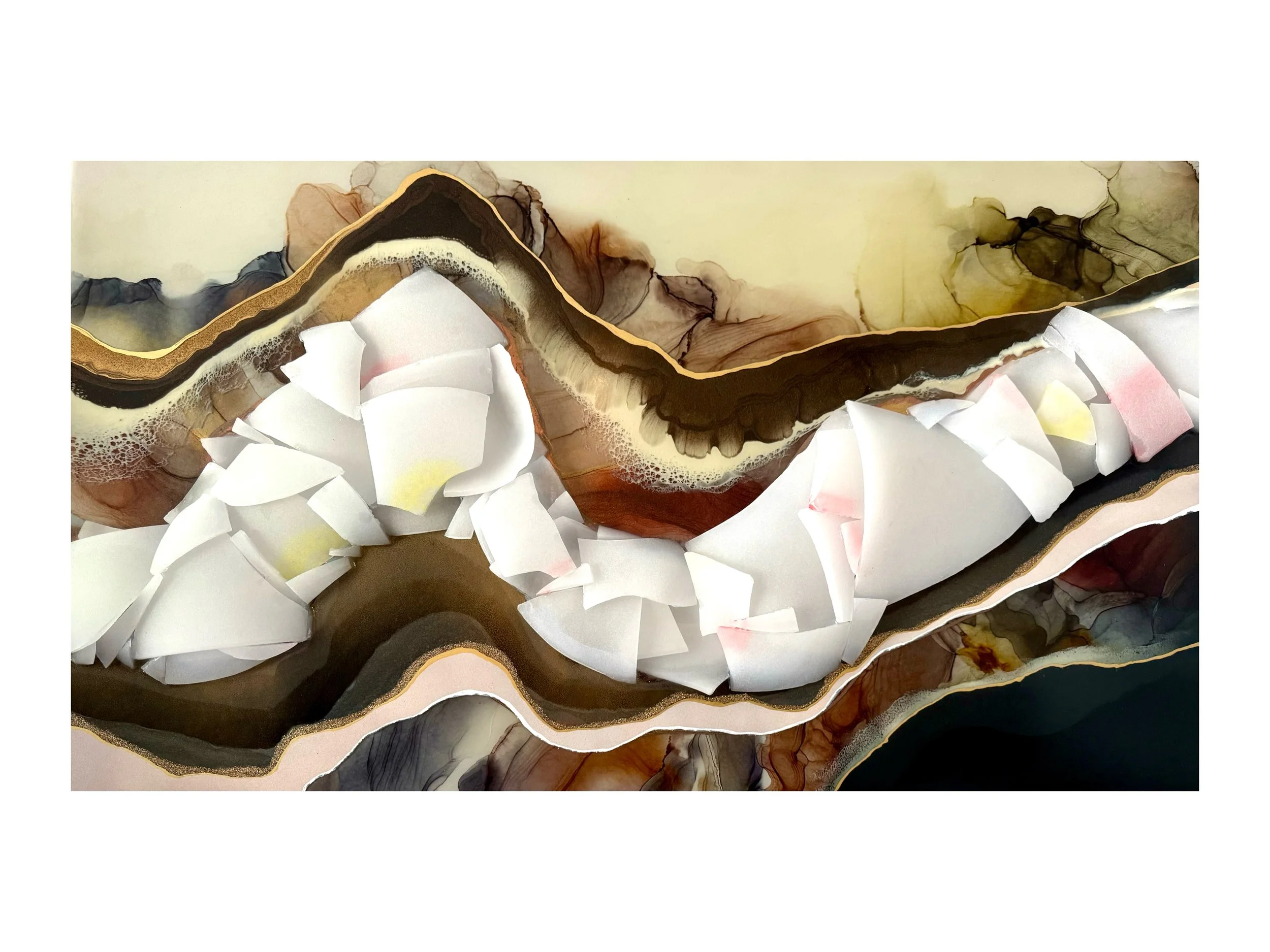 Mixed media wall art by Austin Texas artist Anne Shackelford using crystal bowl glass