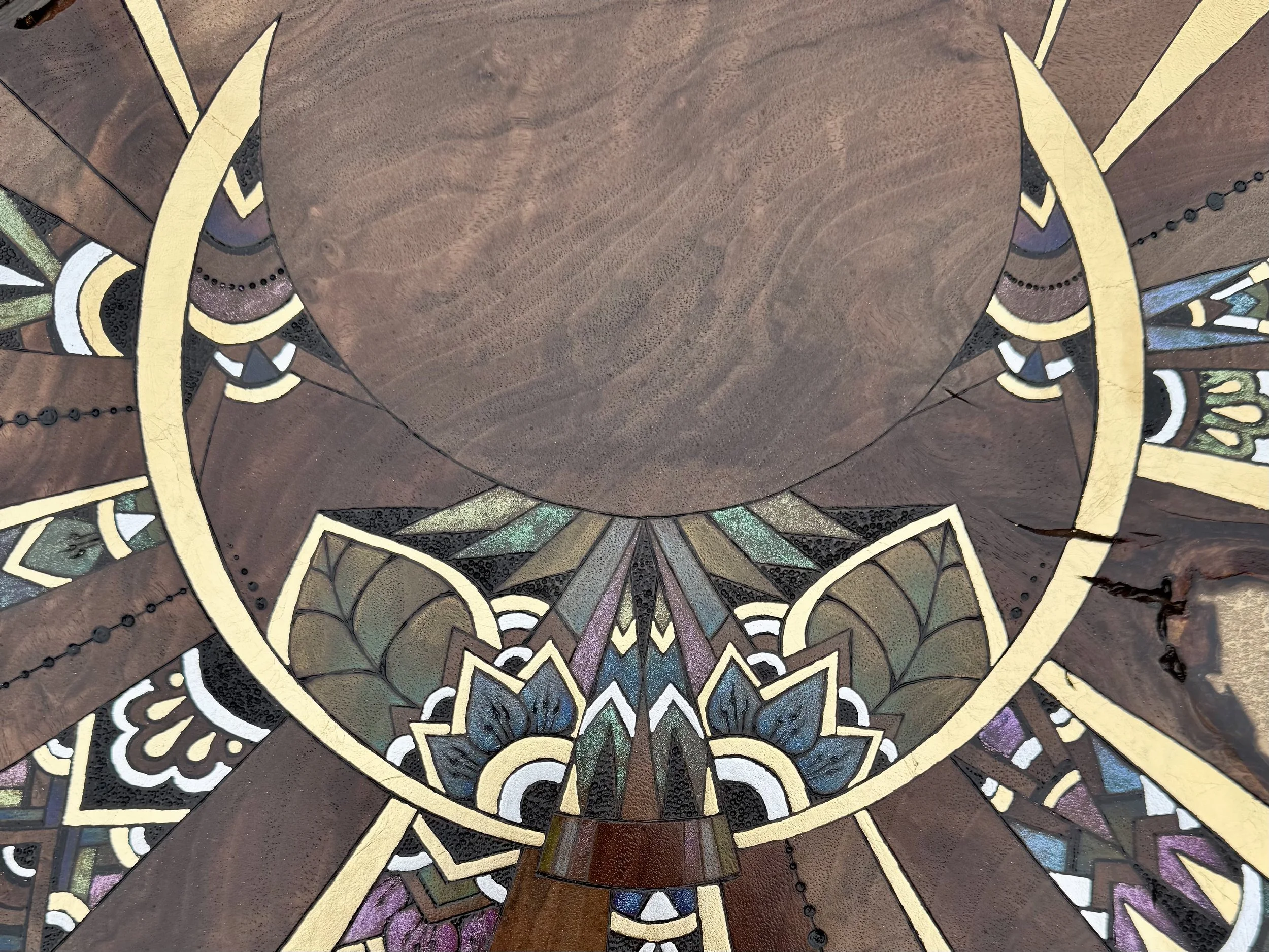 Luminous moon wall art with metallic leaf and layered surface