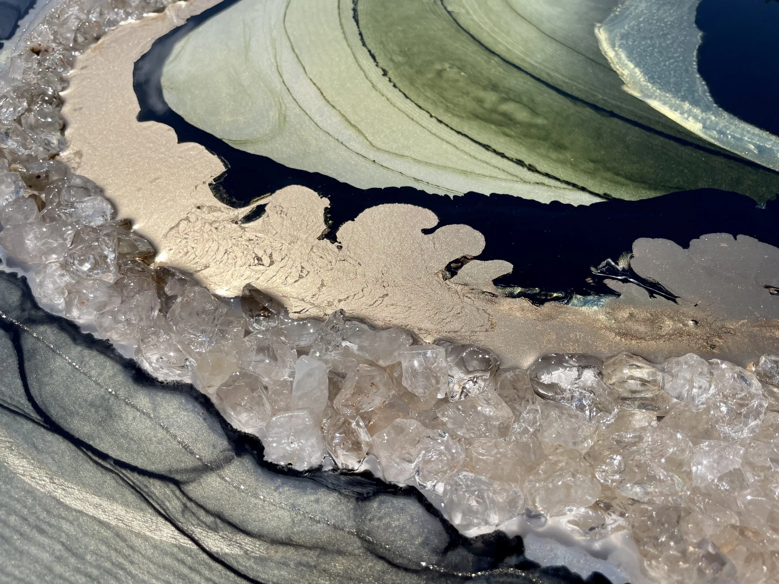 Clear quartz diptych wall art with reflective mixed media surface