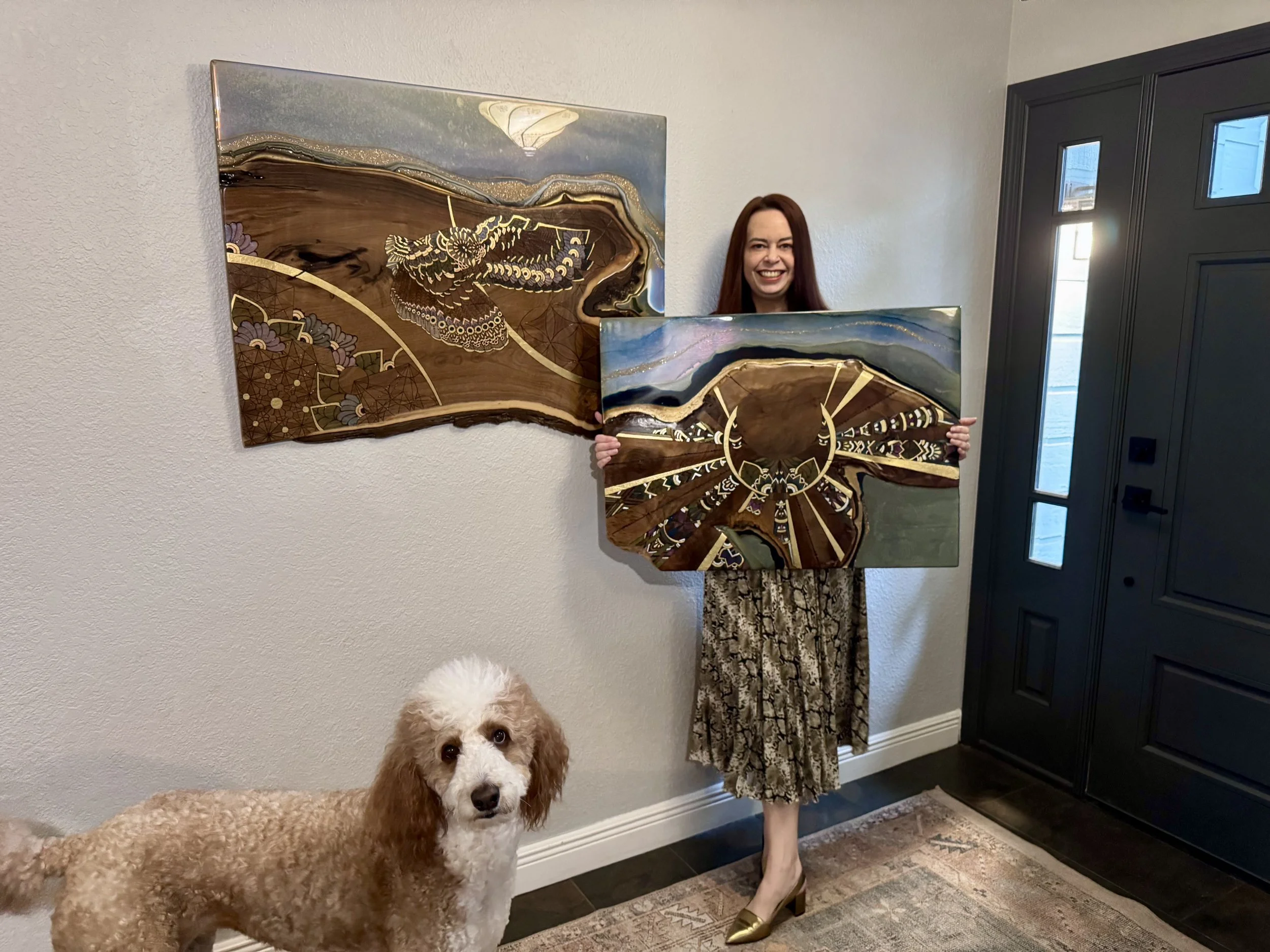 Symbolic owl wall art with surrounding geometric patterning