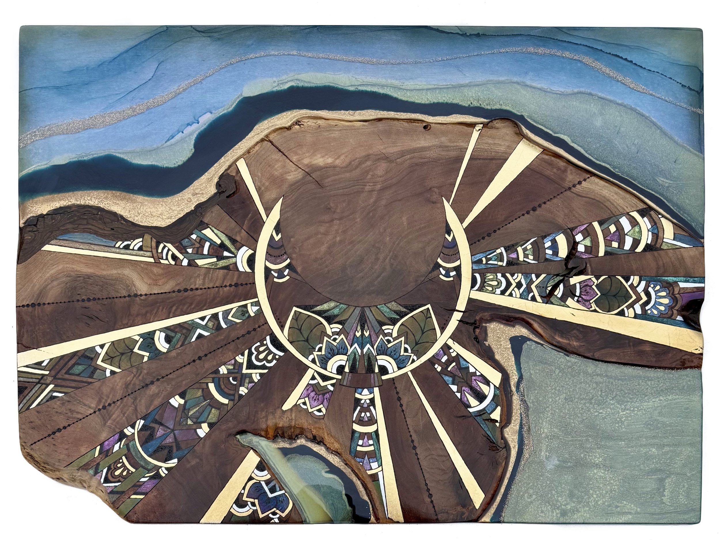 Half moon wall art by Austin Texas artist Anne Shackelford on walnut with resin