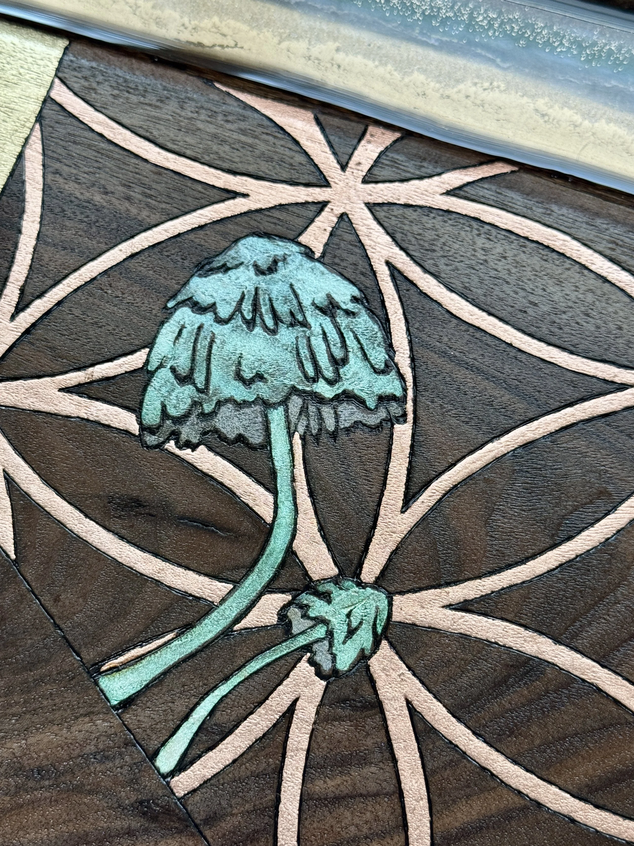 Organic modern live edge wood wall decor with botanical and geometric design