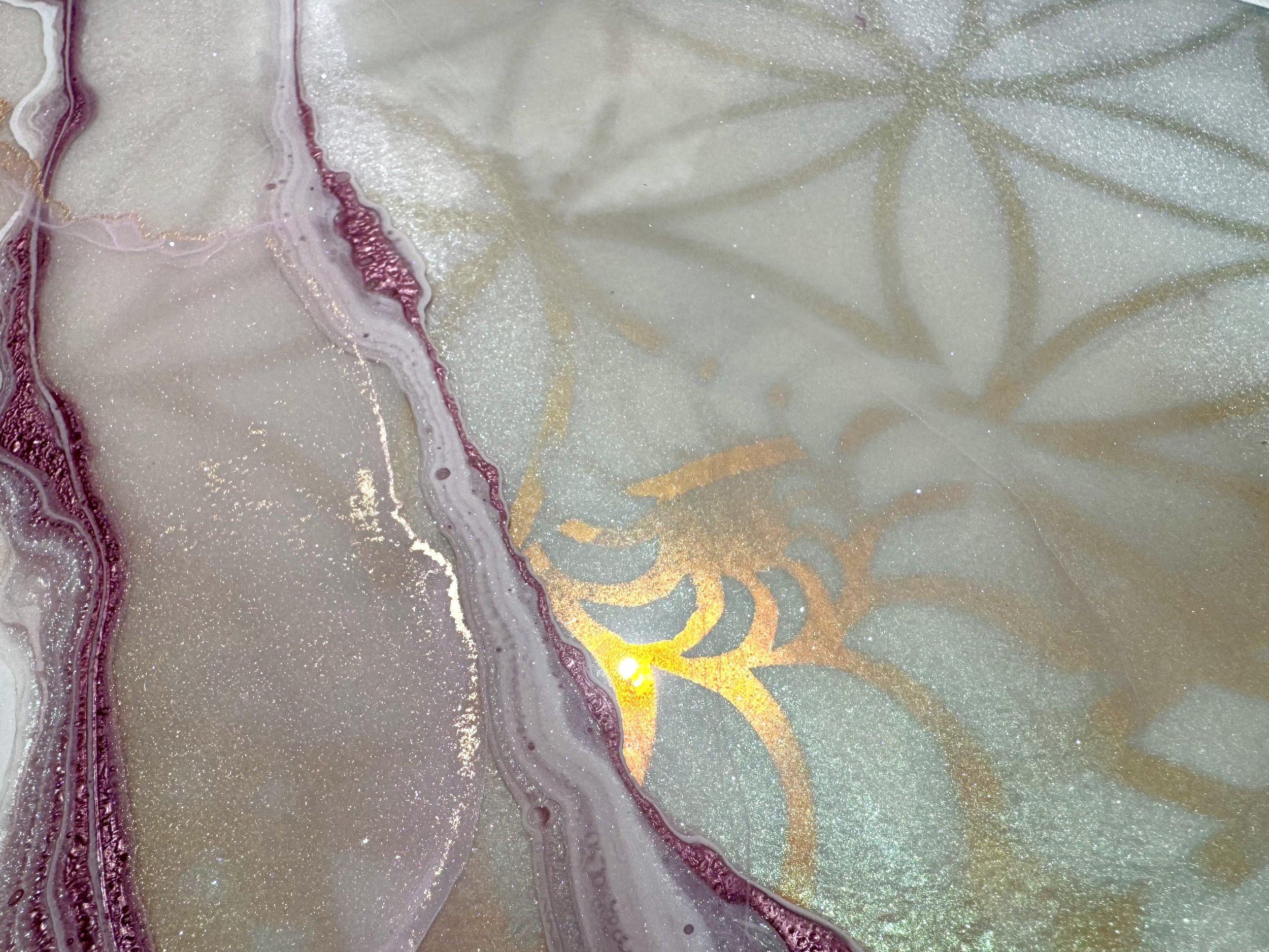 Original artwork with reflective holographic film, resin textures, and cosmic patterning on a cradled wood panel.