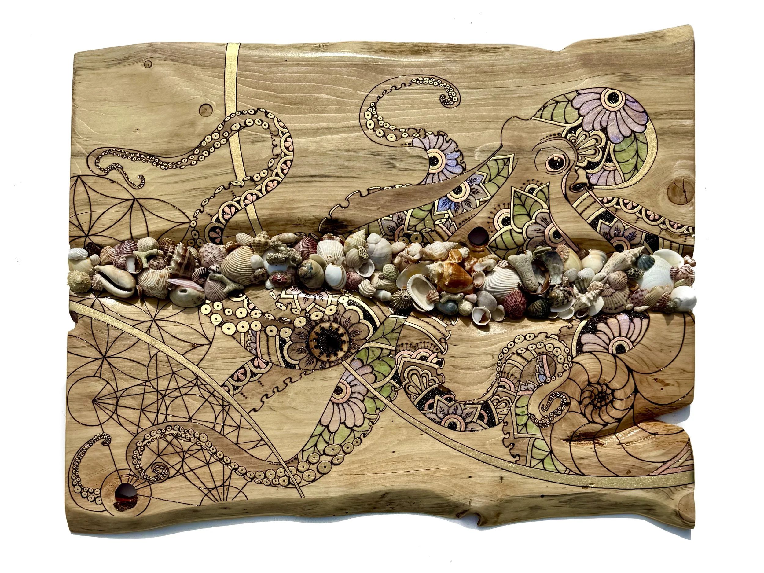 Aspen wall art by Austin Texas artist Anne Shackelford with shells and resin