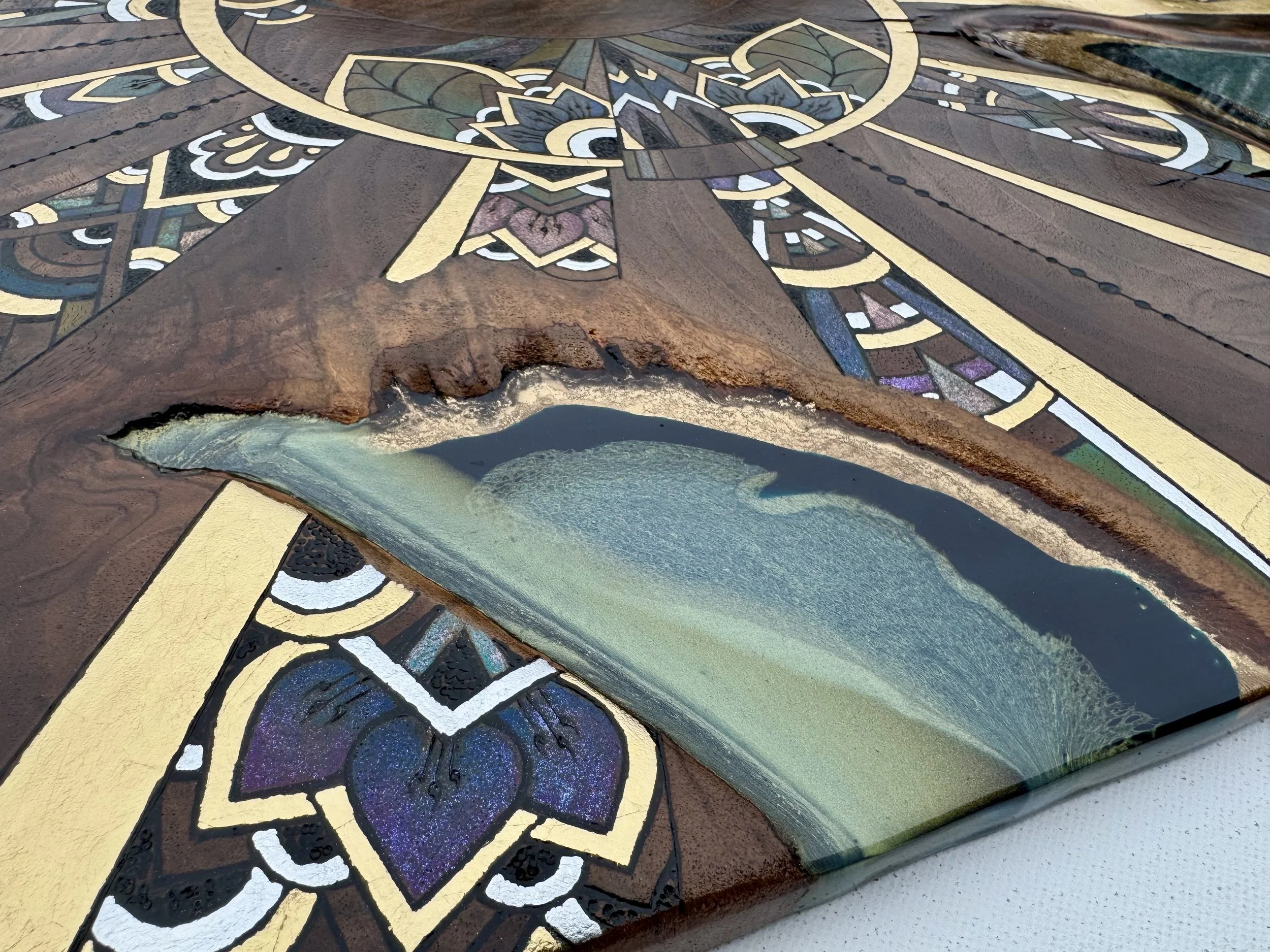 Moon and radiant rays wall art created on walnut wood