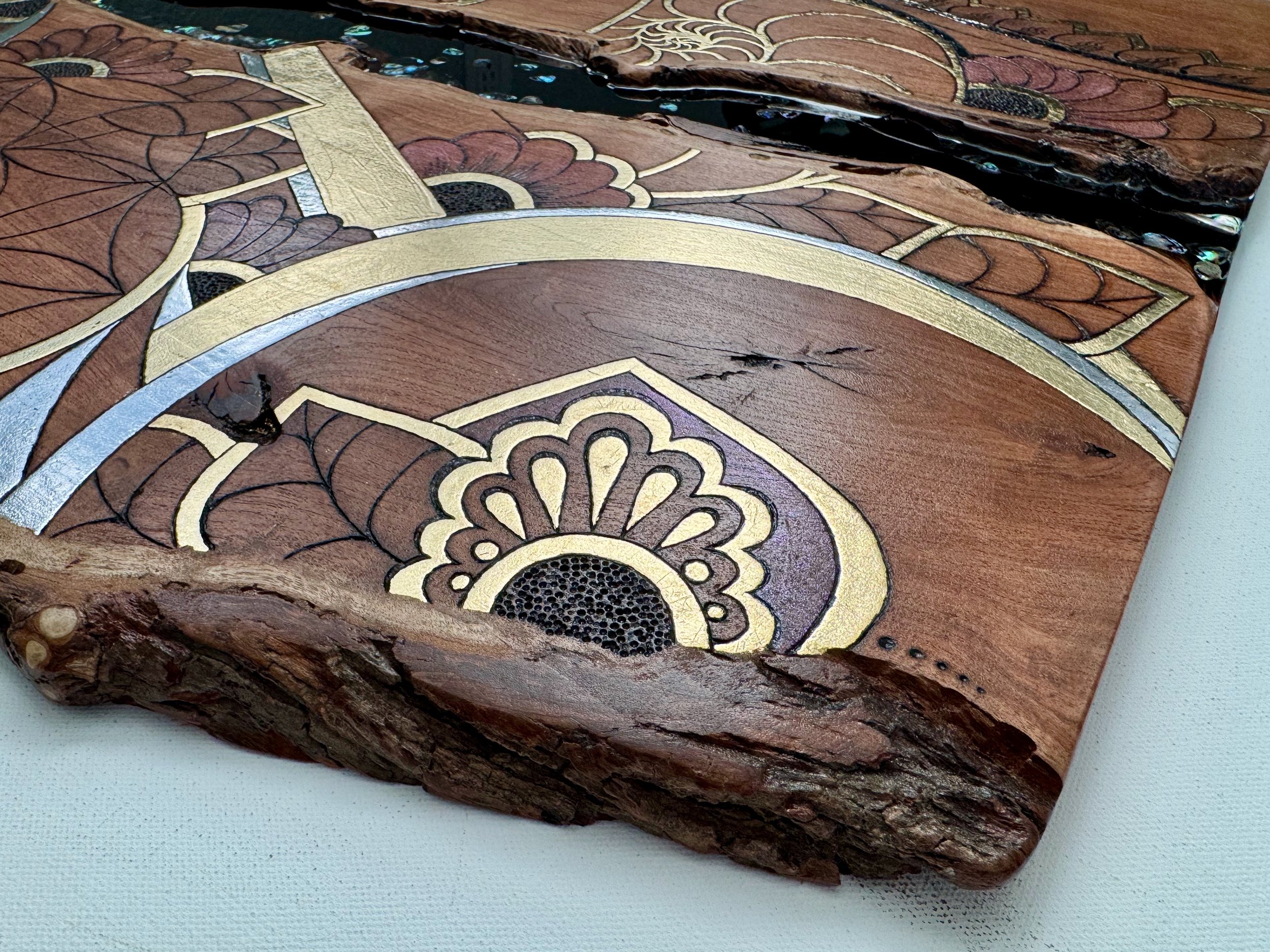 Luminous Firelight Collection piece Metamorphosis by Anne Shackelford, mixed media wall art.