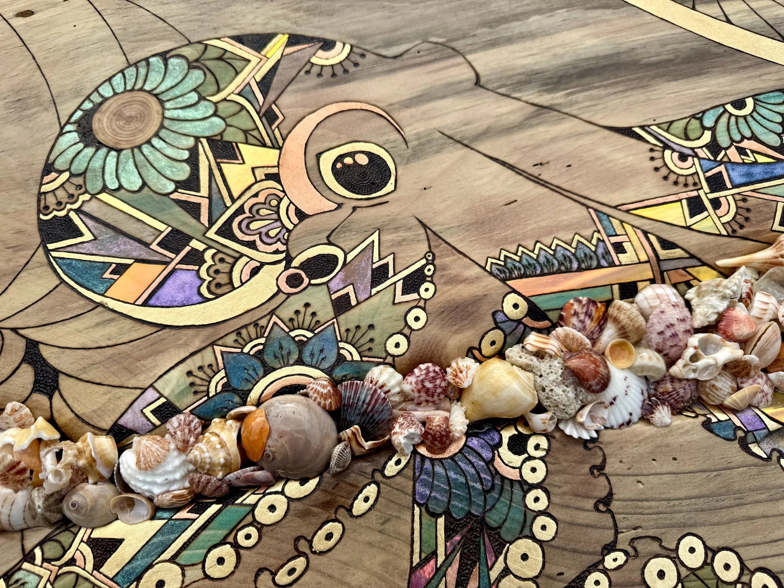An energetic depiction of Cassandra through vibrant pigments and burn-work, revealing layered meaning.