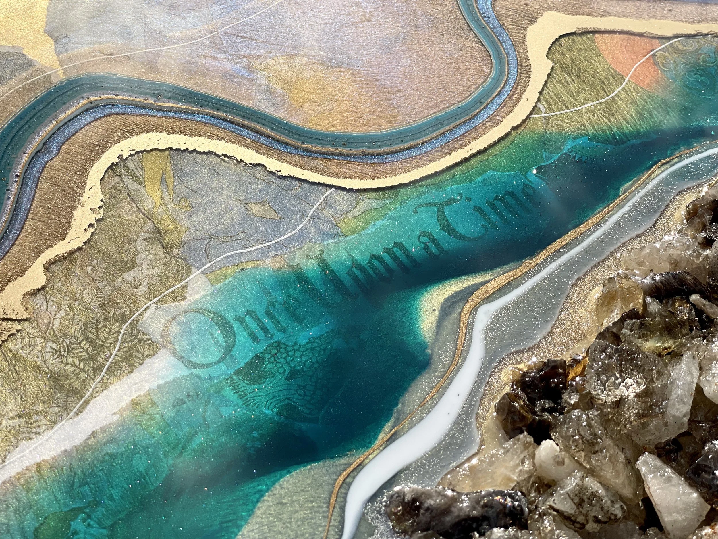 Symbolic wall art with clear and smoky quartz supporting calm and clarity