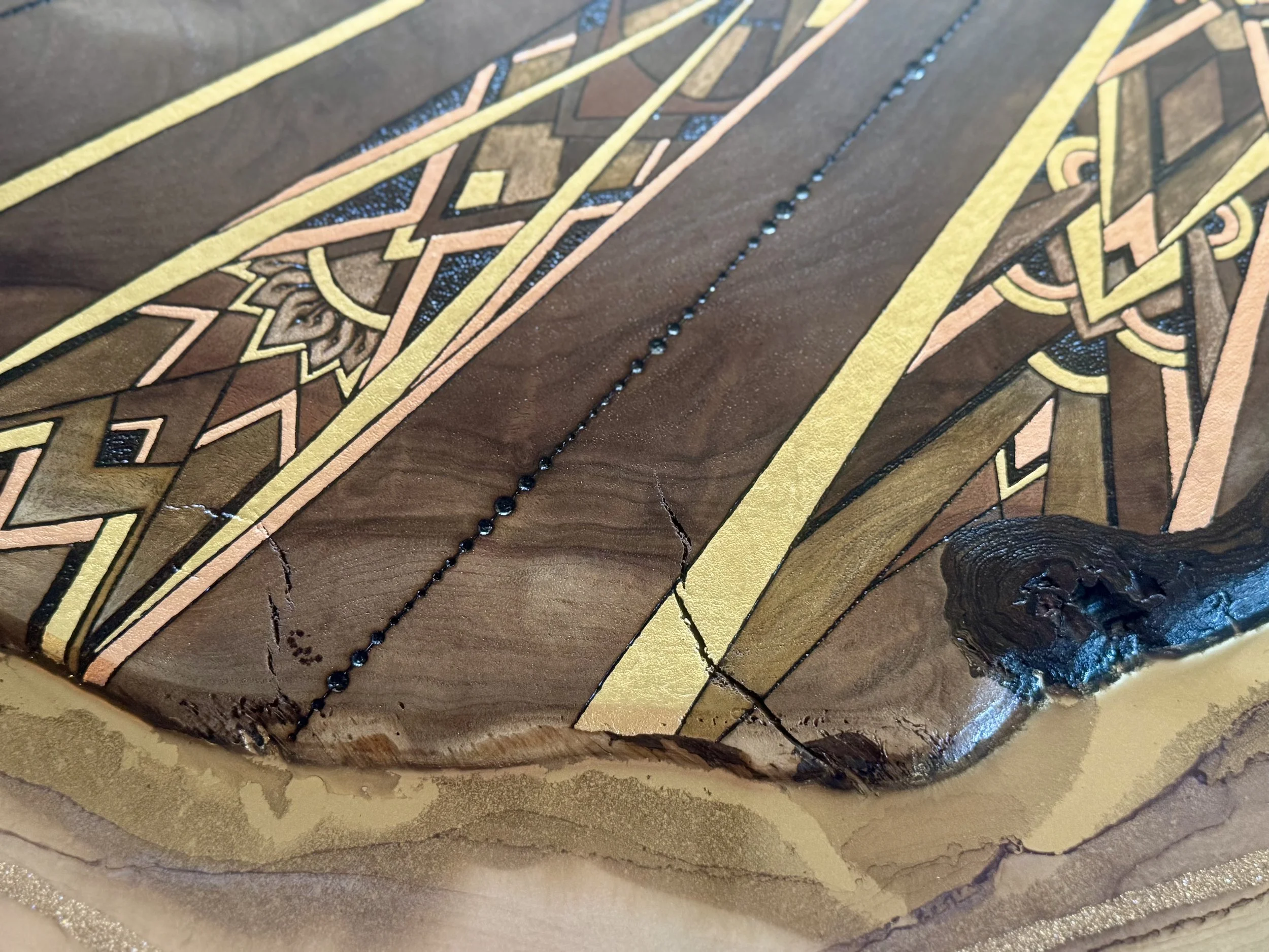 Walnut wall art with shimmering mixed media surface