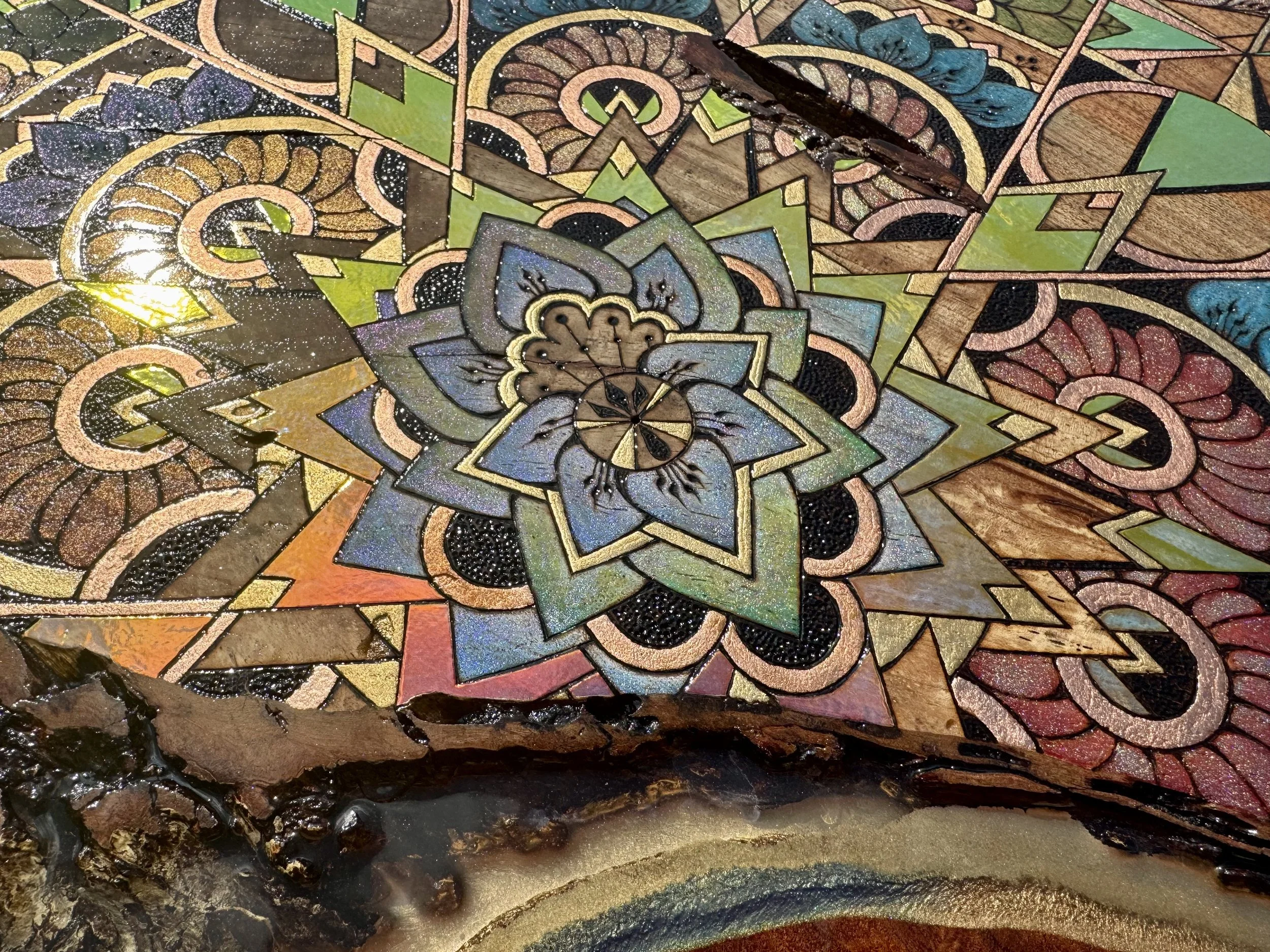 Sculpted with patience and rhythm, this panel blends sacred forms and organic materials into a rich visual harmony.