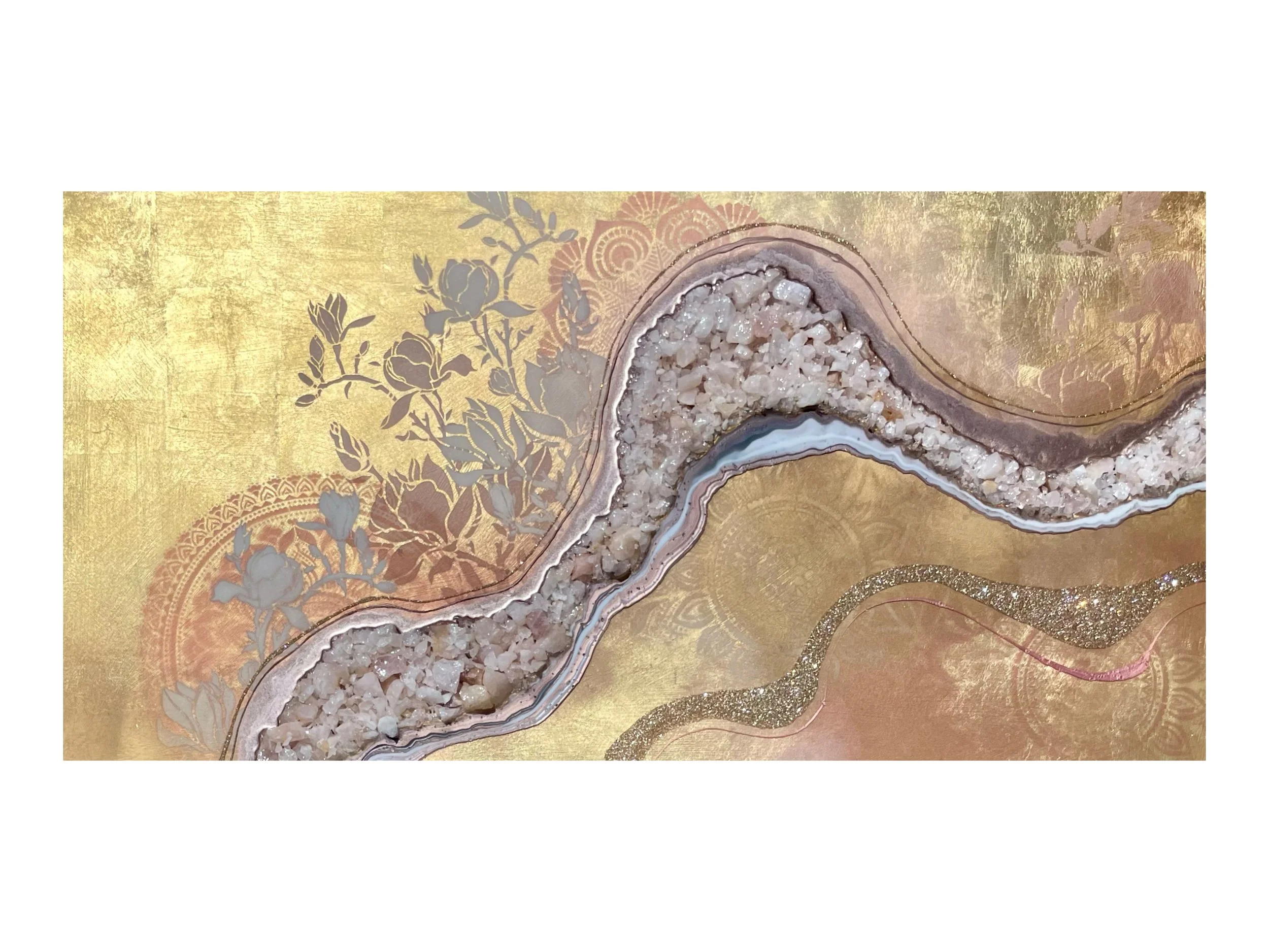 Rose quartz wall art by Austin Texas artist Anne Shackelford with layered resin