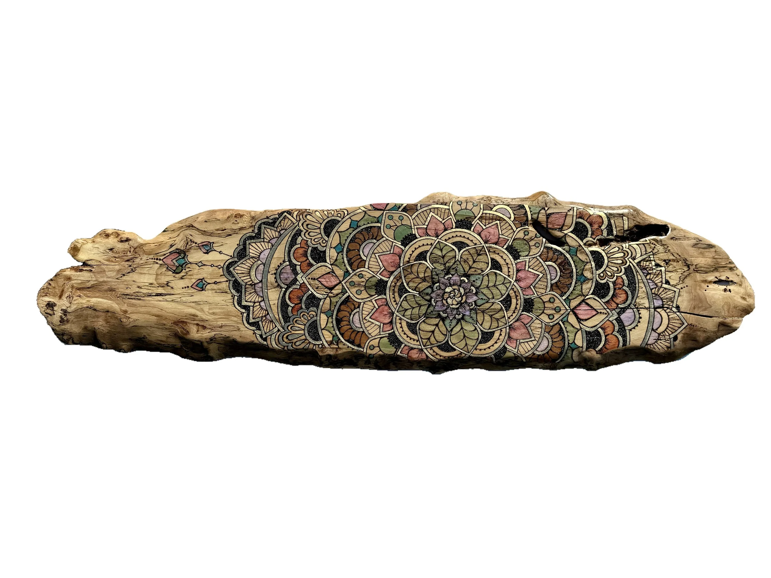 Elm wall art by Austin Texas artist Anne Shackelford featuring pyrography and mandala form