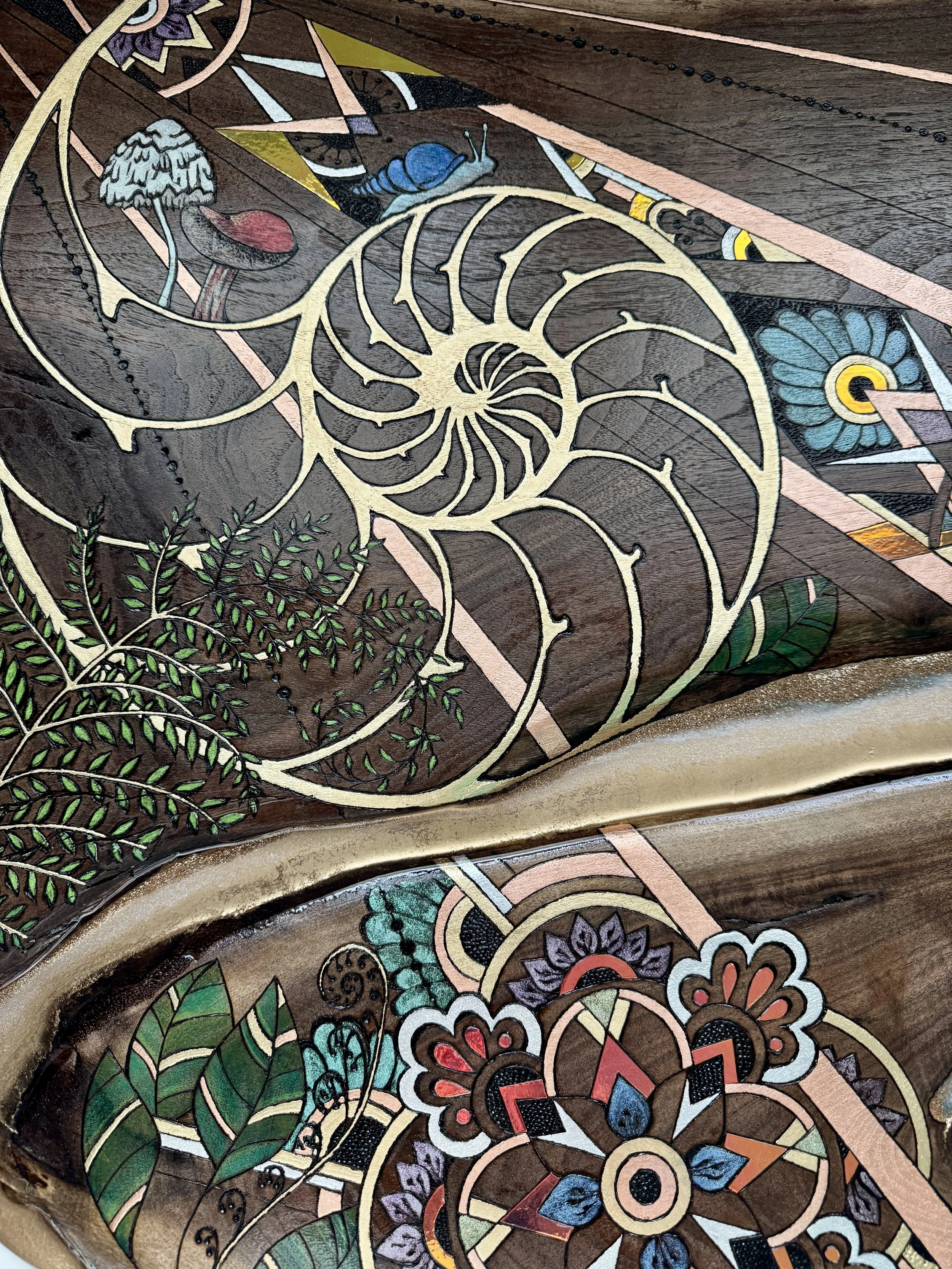 Nature inspired wood wall art with mushrooms and ferns in resin on mesquite