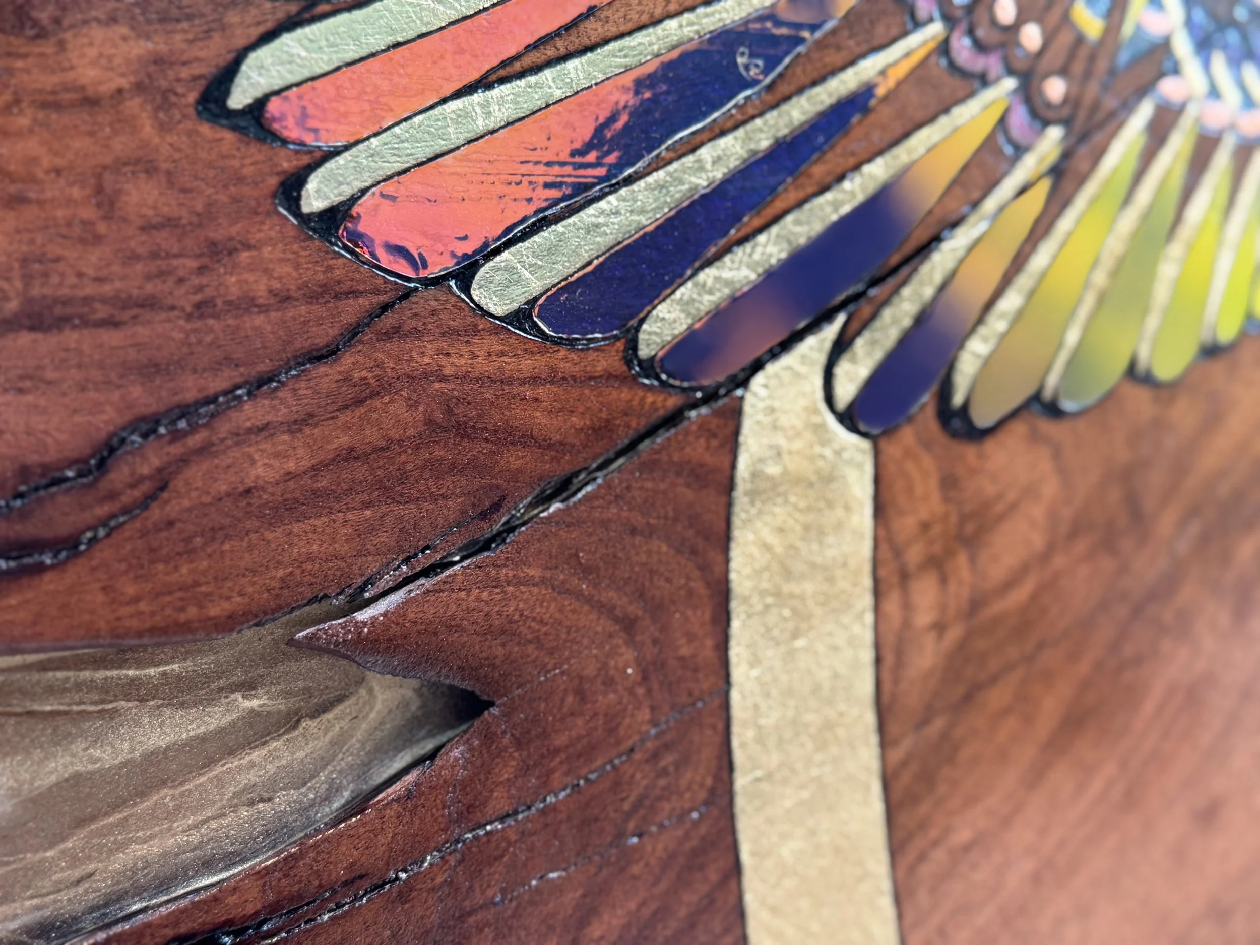 Luminous resin and wood wall art Emberwing by Austin artist Anne Shackelford.