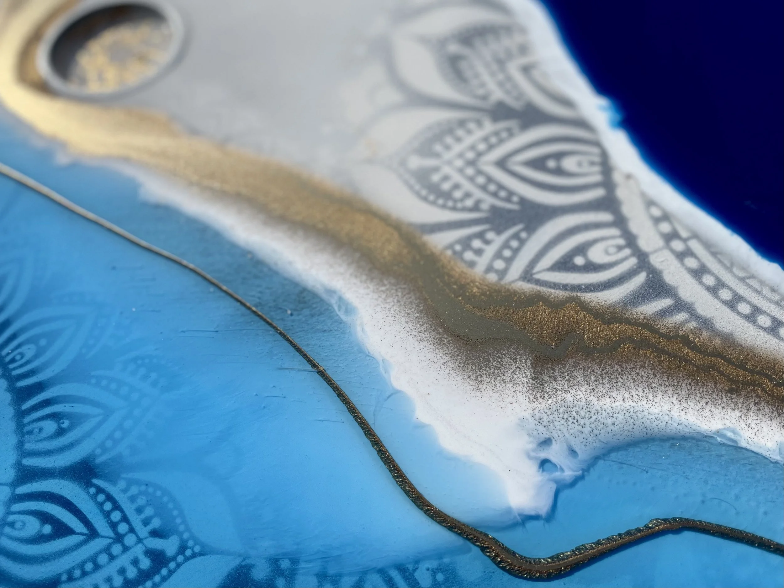 Custom closet door artwork blending geometry, color, and reflective surface