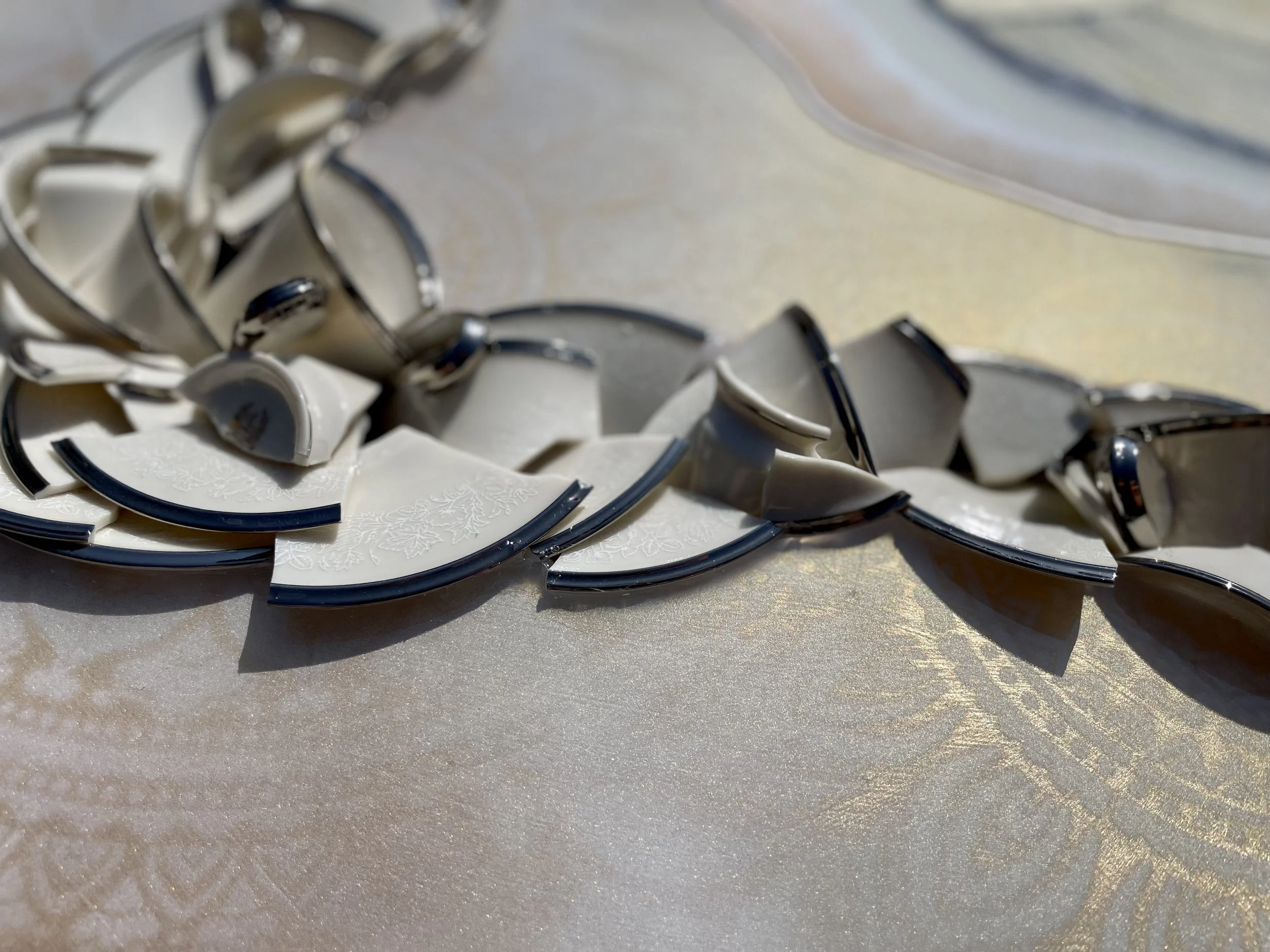 Gallery ready wall art with resin, gold leaf, and vintage china