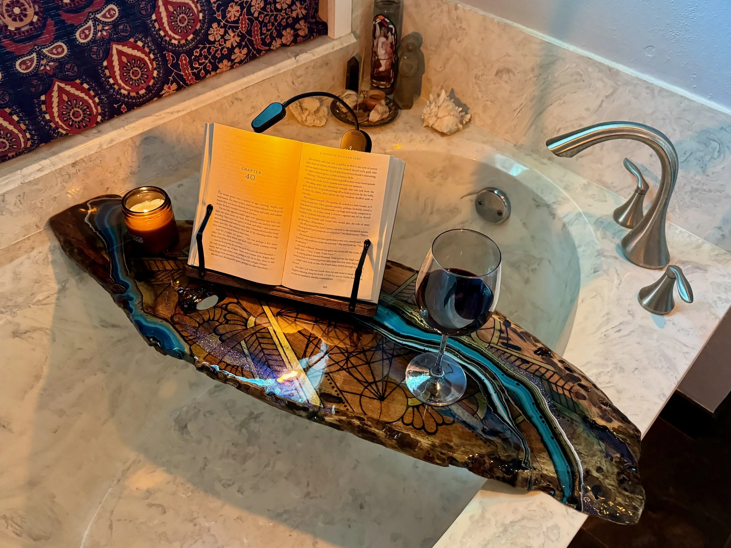 Replenish bath caddy and altar board by Austin artist Anne Shackelford, resin detail on mesquite.