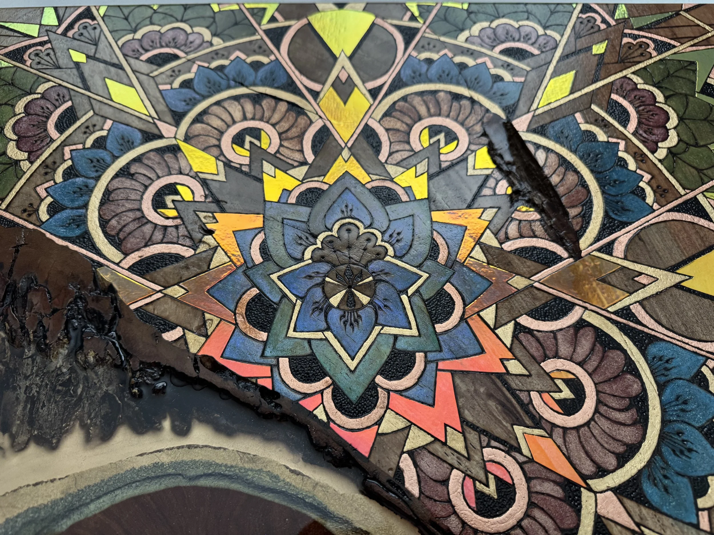 Holographic shimmer overlays floral geometry in this handcrafted woodburned art panel. A luminous piece for collectors.