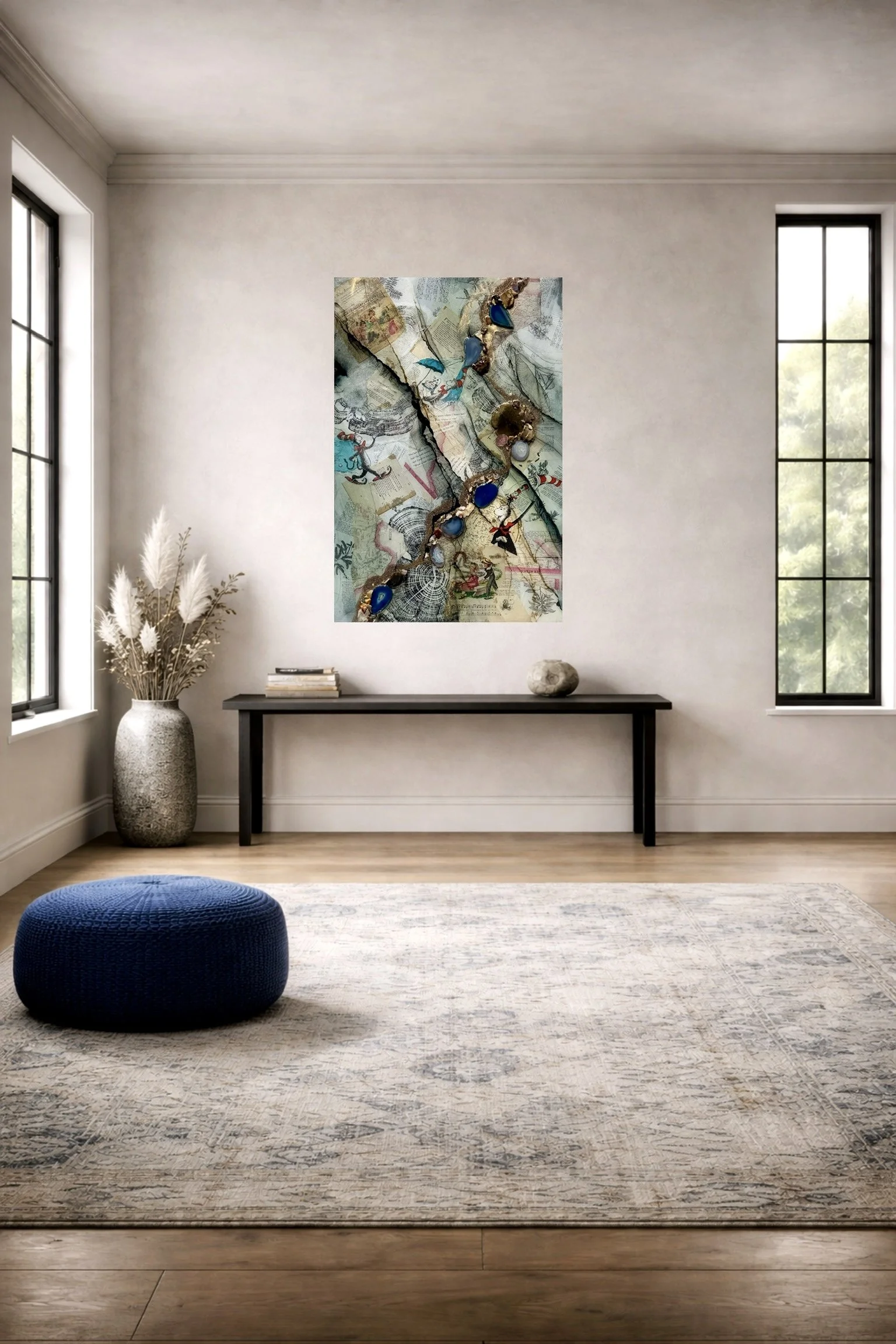 Interior design wall art by Austin Texas artist Anne Shackelford with shells and flint elements.